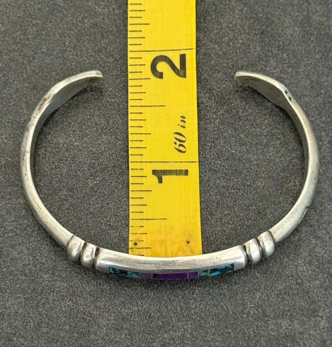 Vintage Navajo REX ABEITA Turquoise Sugilite Inlay ARROW Sterling Bracelet 6.6in
