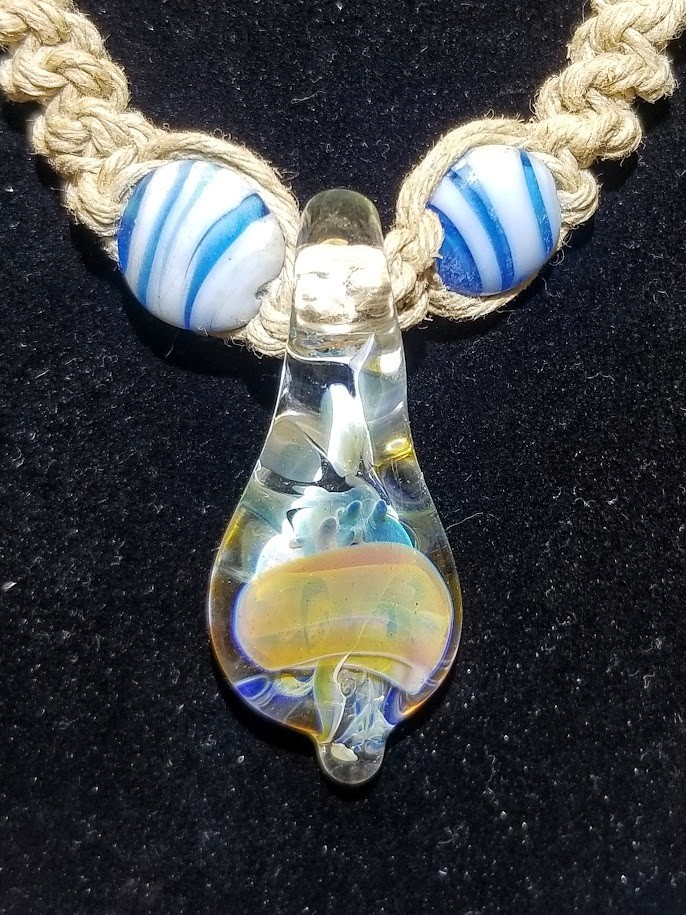 Spiral Hemp Macrame Necklace w/Beads & Colorful Handblown Glass Mushroom Pendant