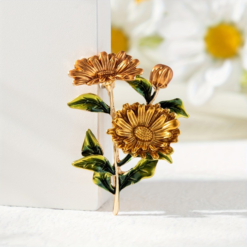 3P Elegant Vintage Gradient Daisy Brooches Green Leaf Anti-Slip Floral Pins