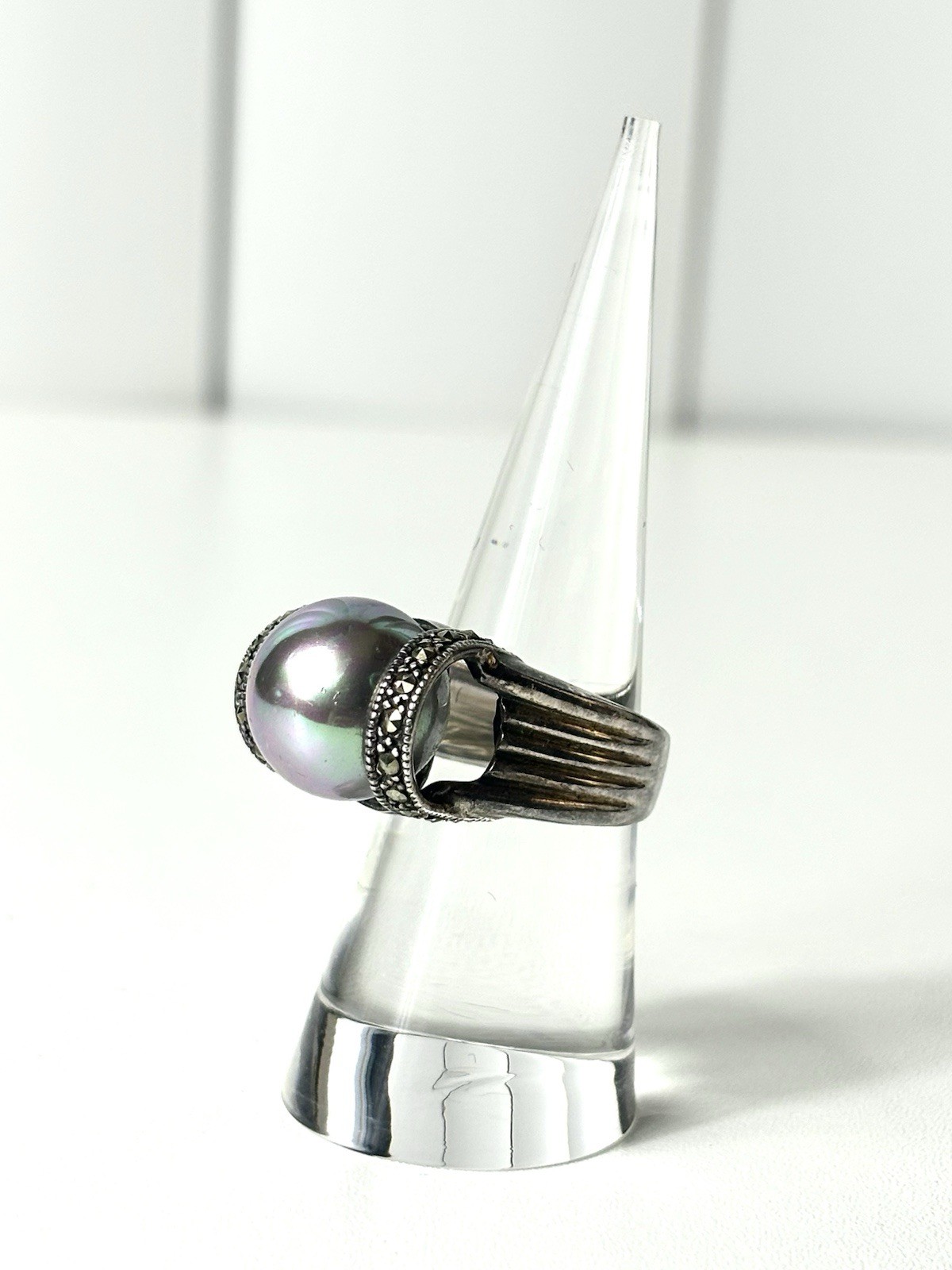 Vintage 925 Sterling Silver Faux Gray Pearl Ring, Size 6.75