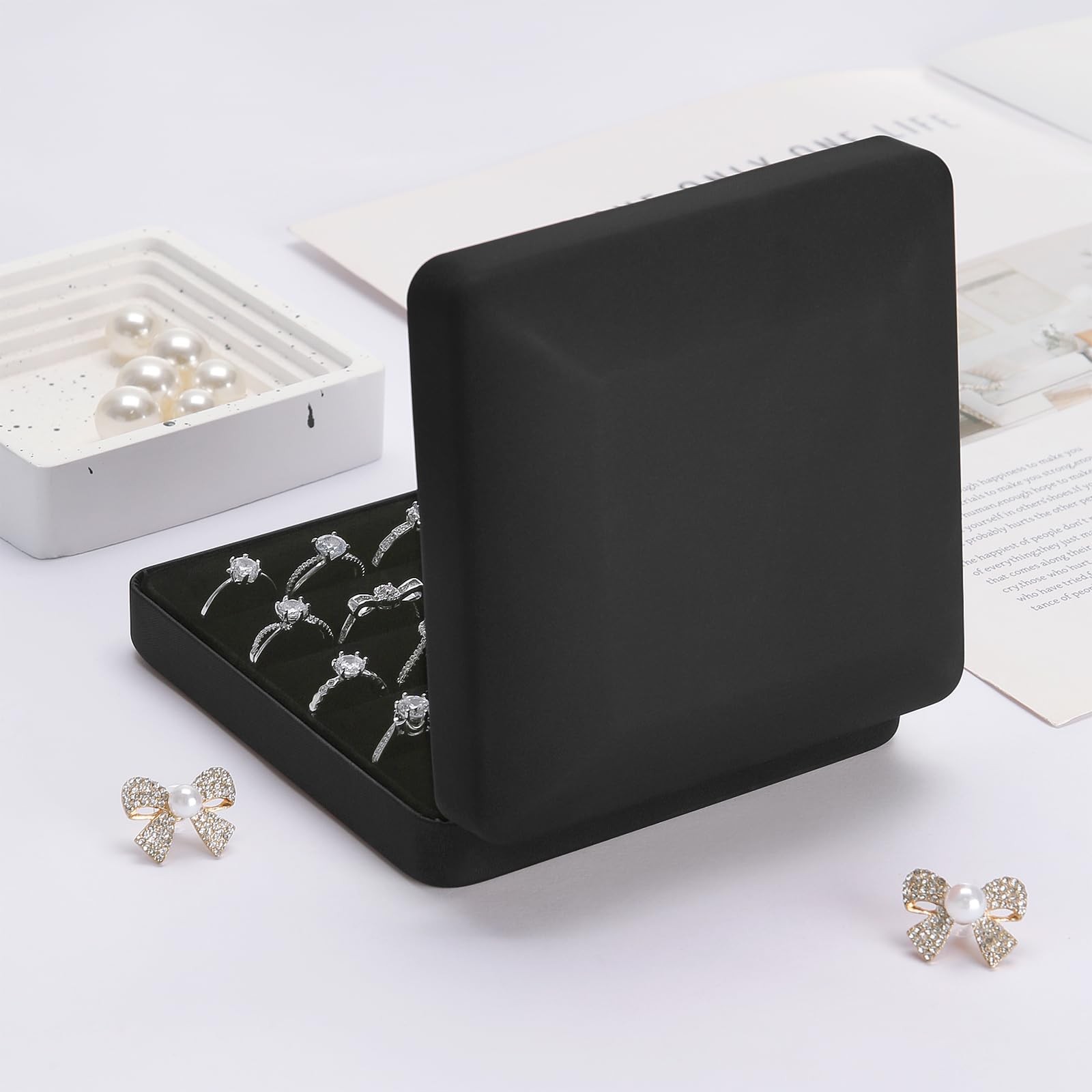 KUKUVR Ring Storage Organizer Box 4.7*4.5*1.8 inches (12*11.5*4.5 cm), Black