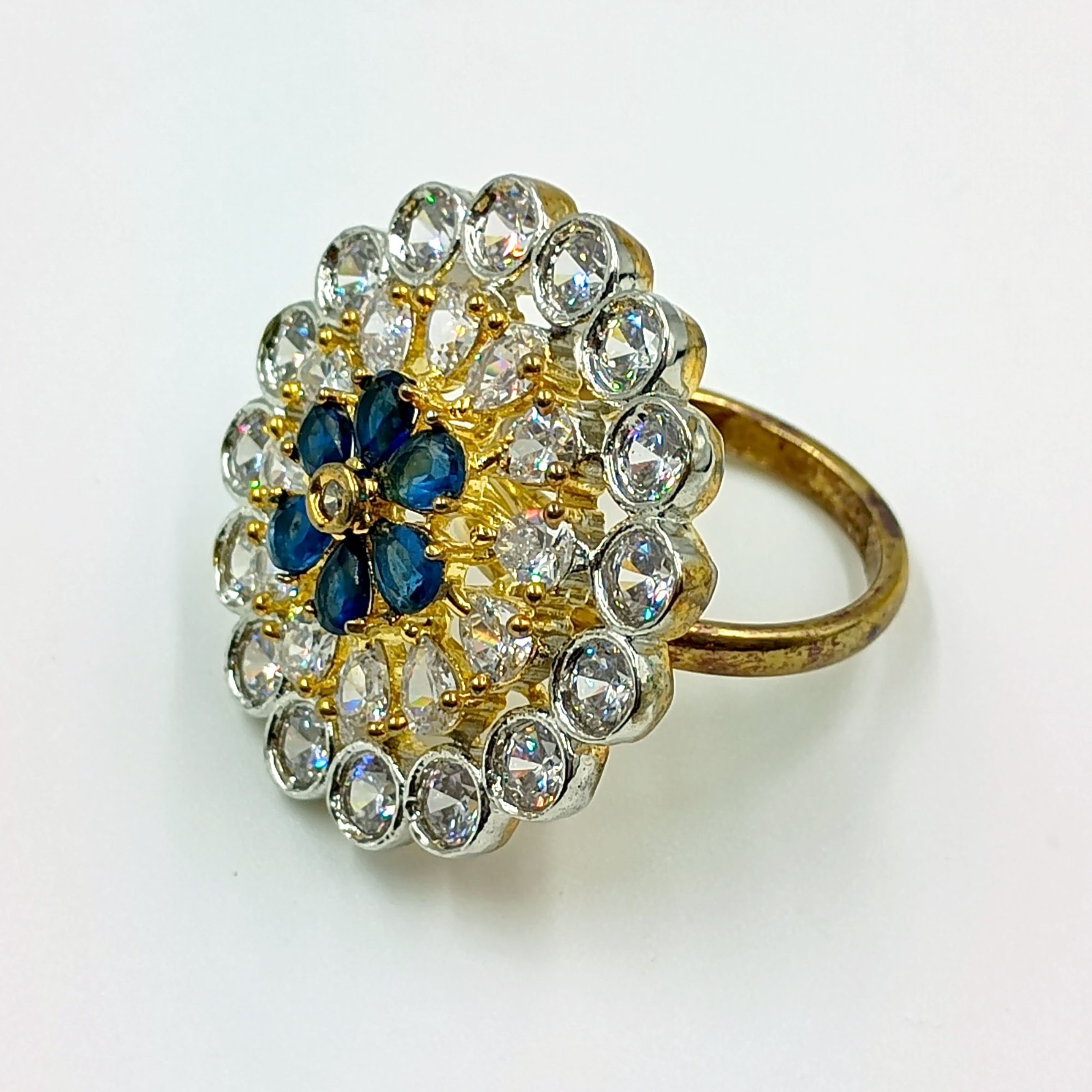 South Indian Style Pear Sapphire Ring 22k Gold Plated CZ Diamond Adjustable Band