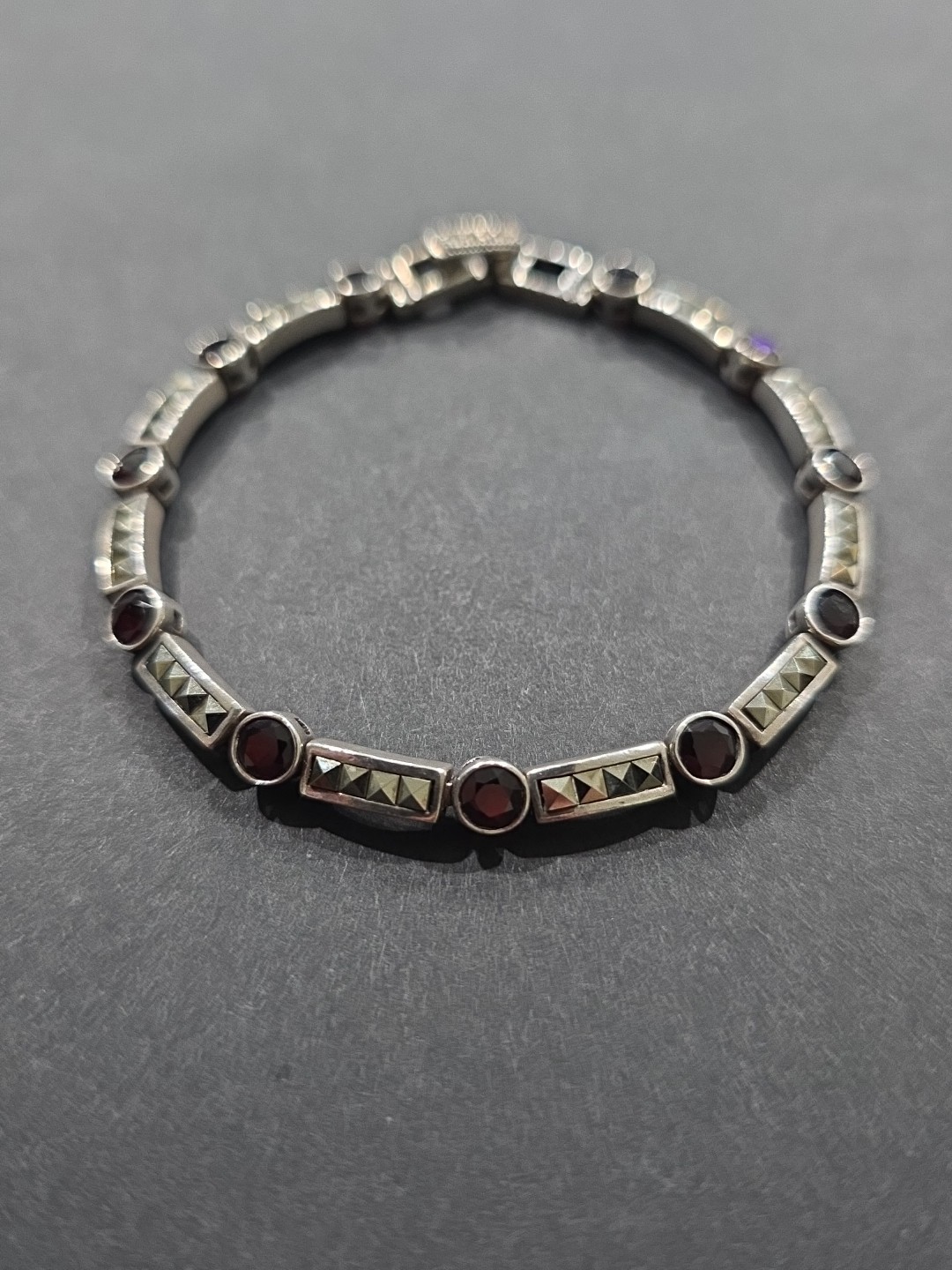 Vintage Art Deco ACi 925 Sterling Silver Garnet Marcasite Tennis Bracelet 7″