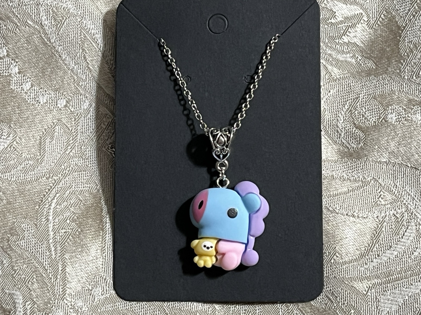 K POP Anime Cartoon Emojis Character Silver Resin Charm Pendant Necklace 18”