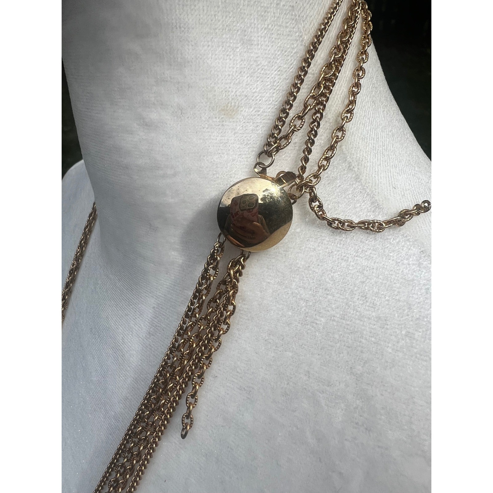 Vtg Gold Tone Multi Strand Layered Chain Necklace Sliding Orb Clasp Retro Chic