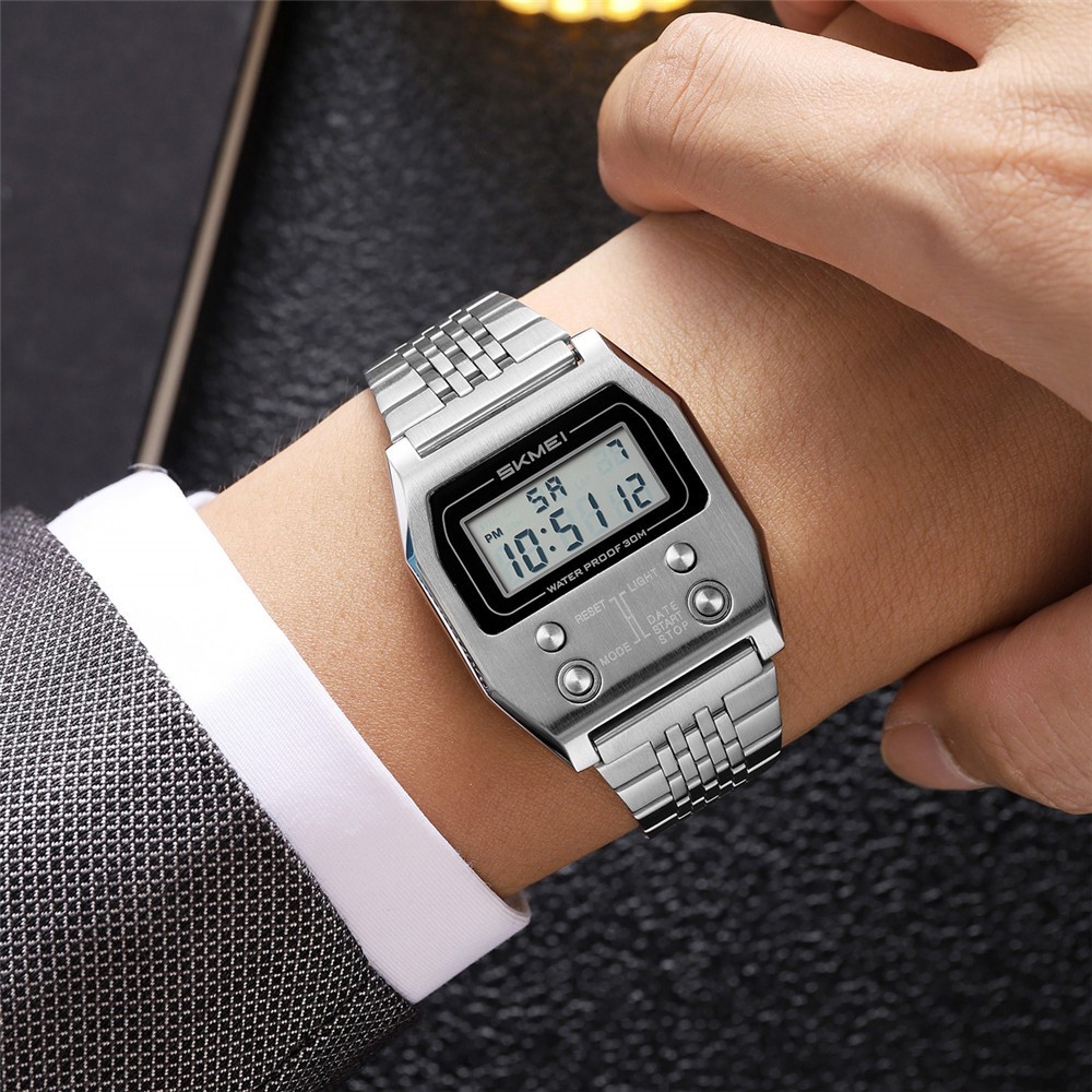 SKMEI Men Rectangle Watch Male Steel Wristwatch Boys Digital LED Display Watches