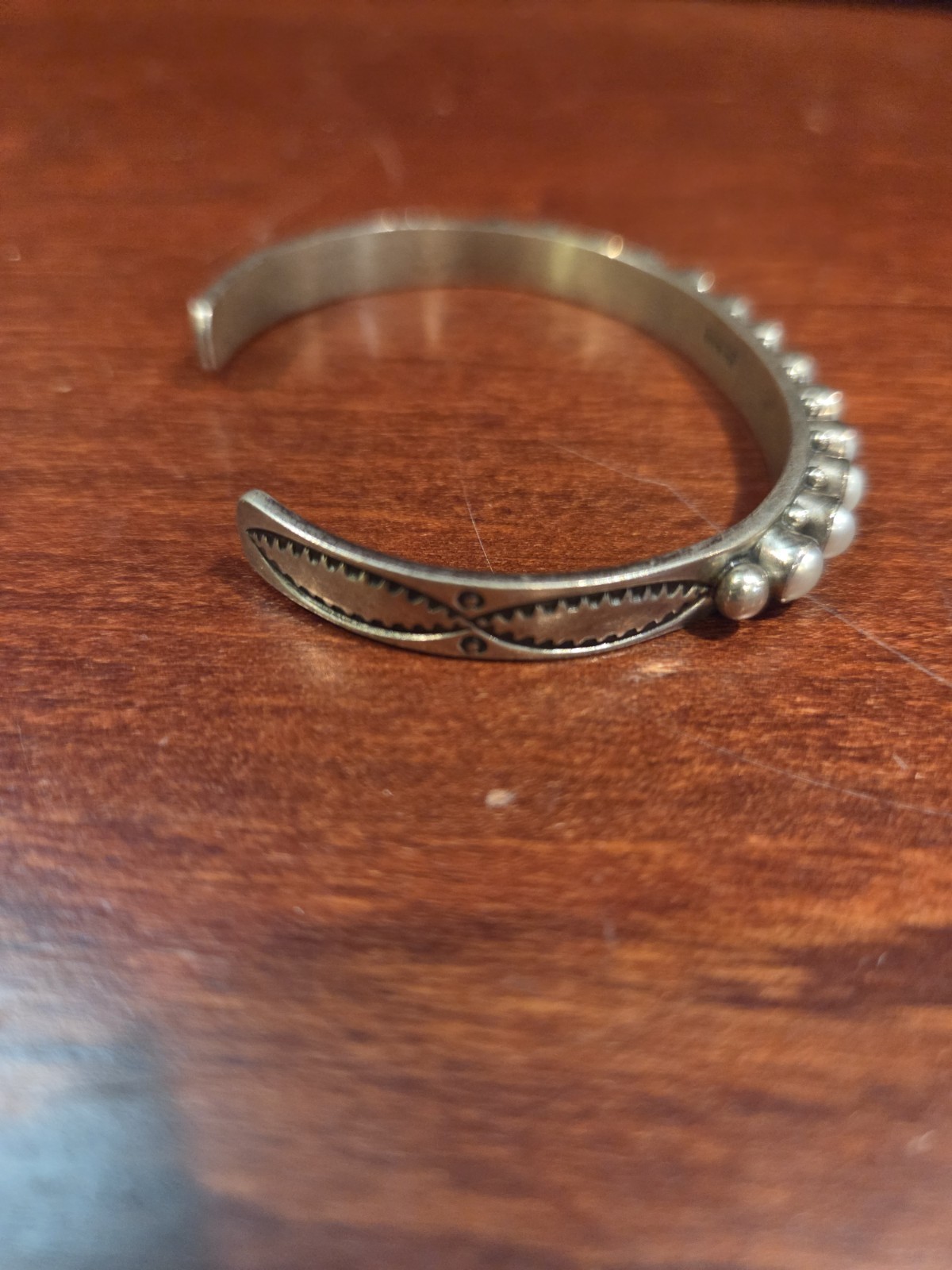 Vintage Fred Harvey Era Navajo Sterling Silver Pearl Row Cuff Bracelet Stamped
