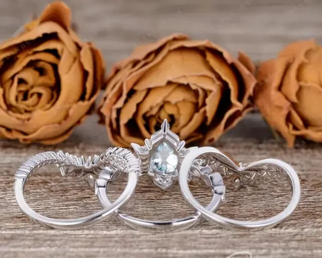 2Ct Pear Cut Lab Created Aquamarine Engagement Trio Ring 14K White Gold Plated