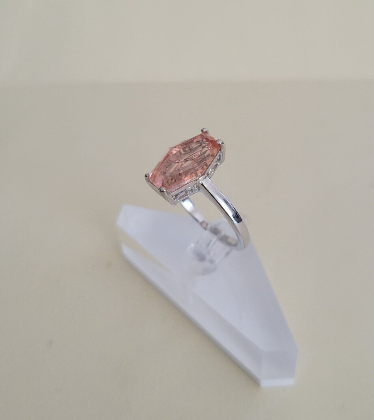 Morganique Quartz Rhodium Over Sterling Silver Elongated Ring (Size 11) 6.50 Cts