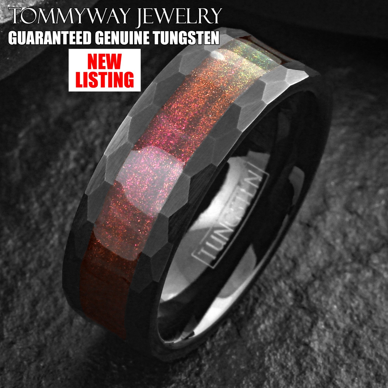 Black Brushed Faceted Tungsten Carbide Red Flowing Sand Wedding Band Ring