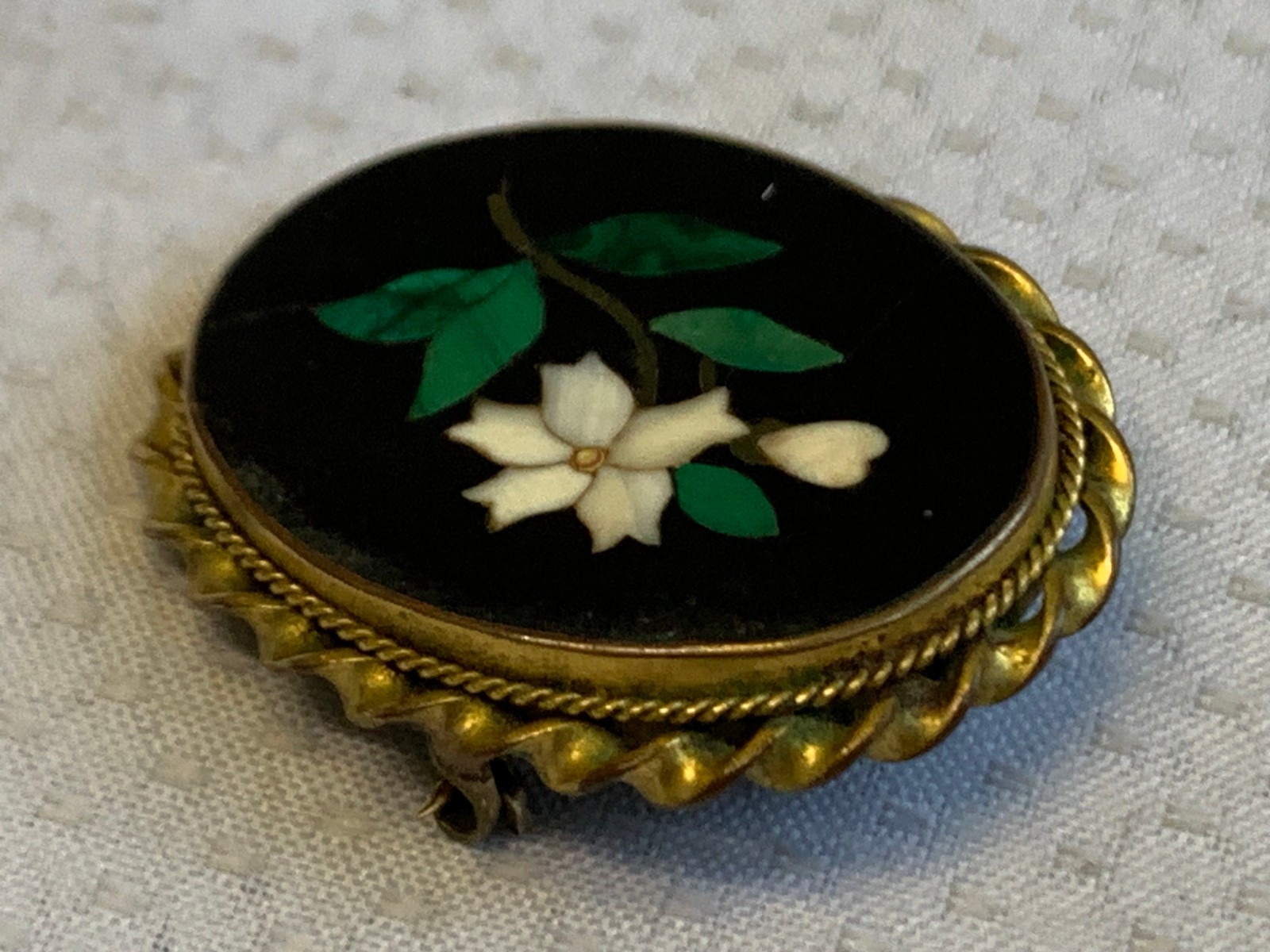 Antique Pietra Dura Brooch Costume Jewelry White Flower Floral Stone Inlay Pin