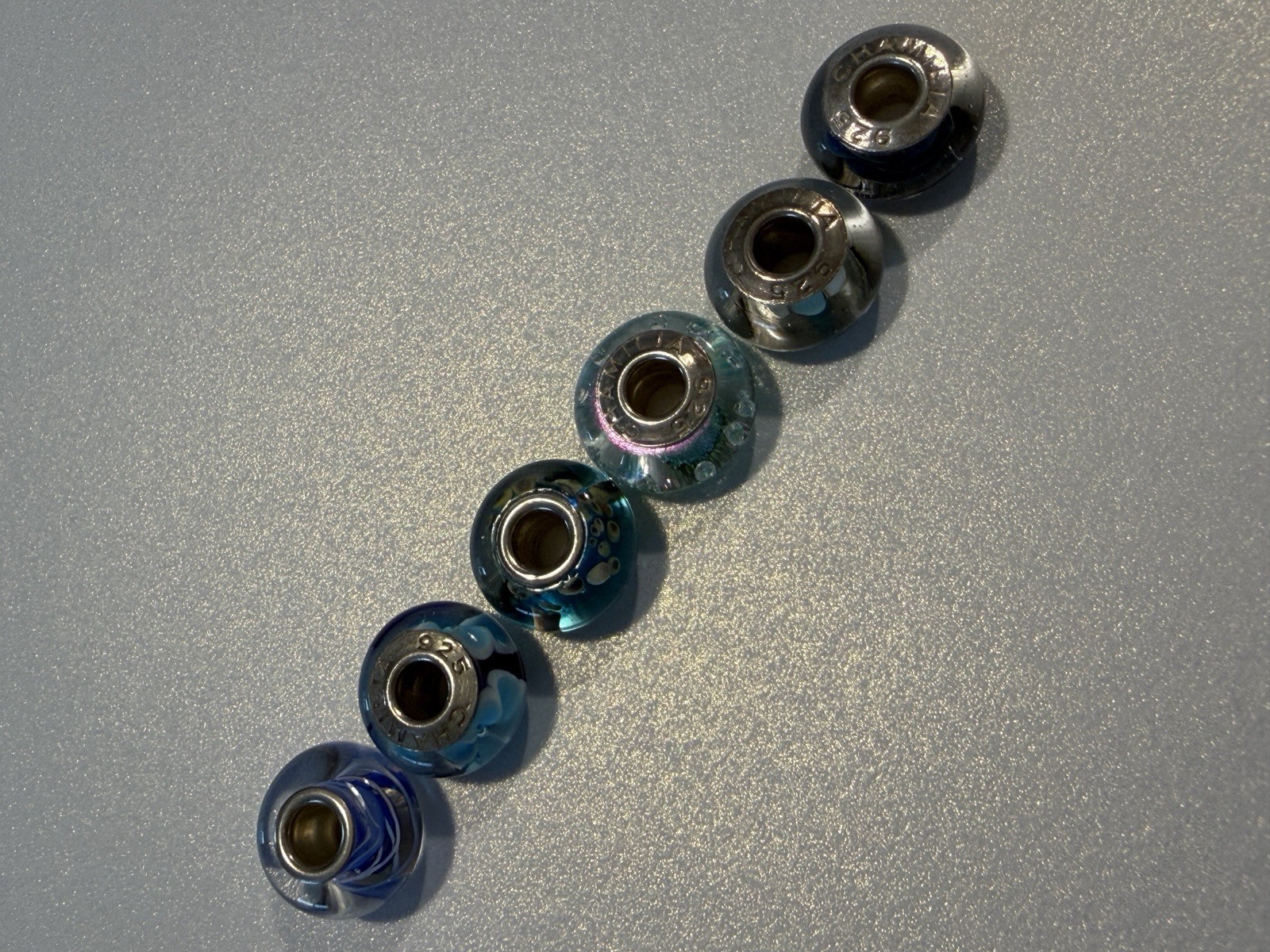 Chamilia Lot of 6 Blue Murano Glass Bead Charms Sterling Silver 925 Retired