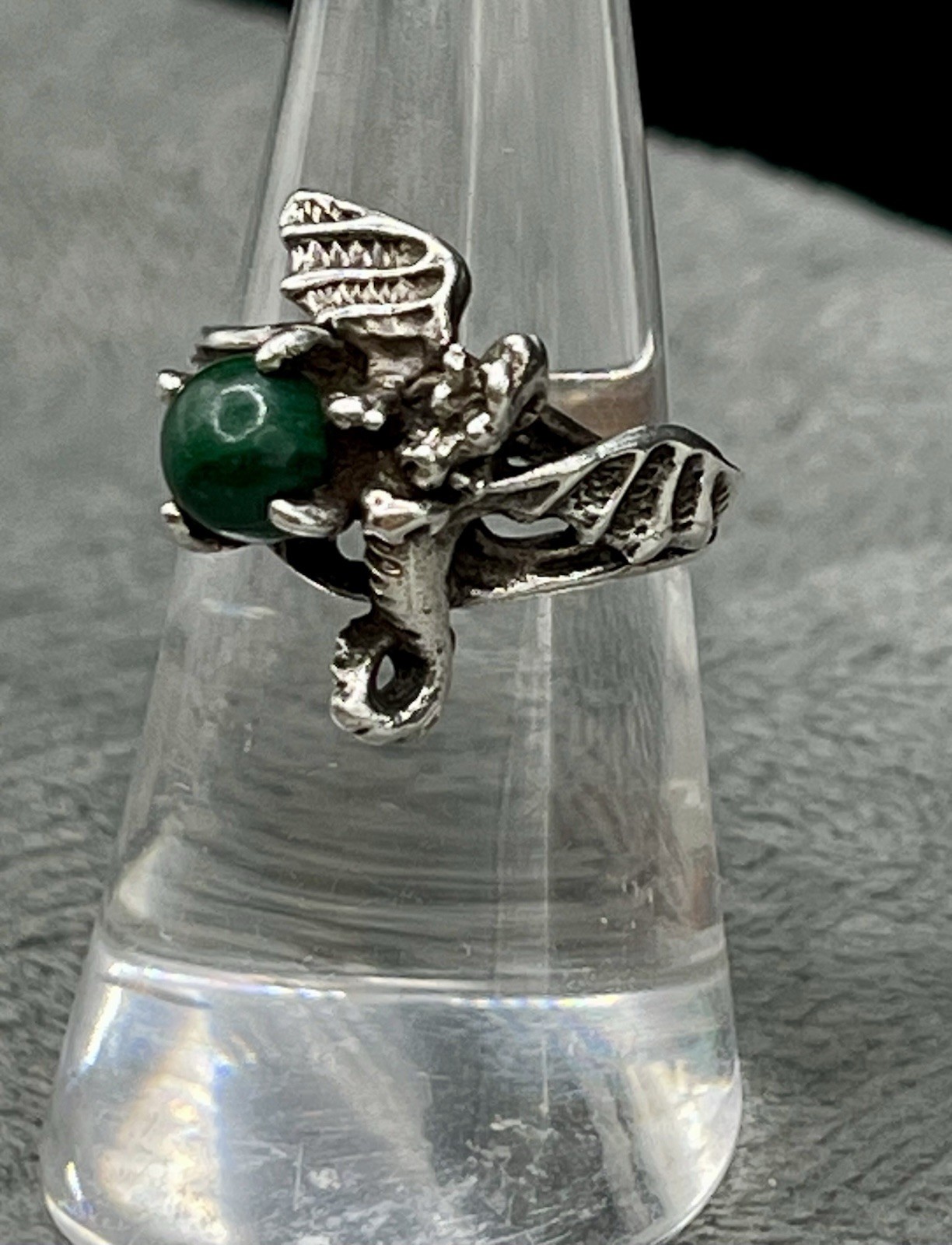 Sterling Silver 3-D Dragon Malachite In Talons Ring Fantasy Gothic Size 5.5