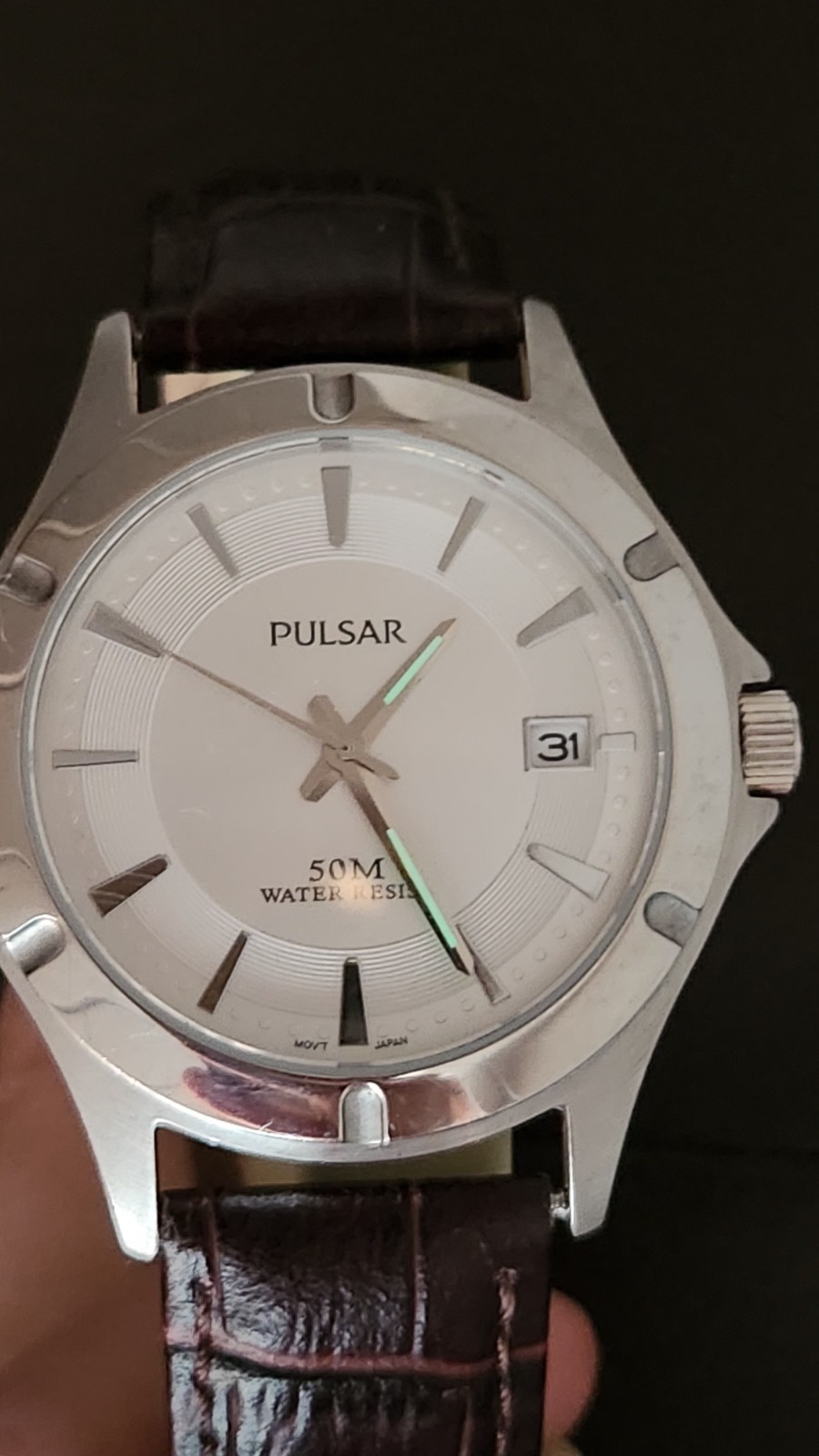 Pulsar mens watch Date , Easy To Read, Brown Leather, WR 50m. (A4)