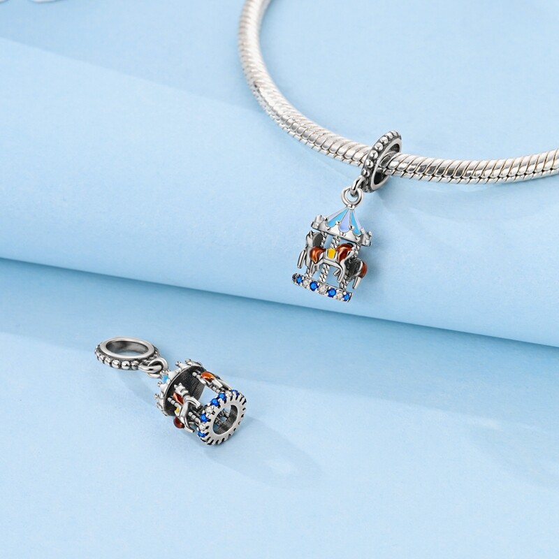 MULA 925 Sterling Silver DIY Charm CZ Enamel Blue Carousel For Women Bracelet