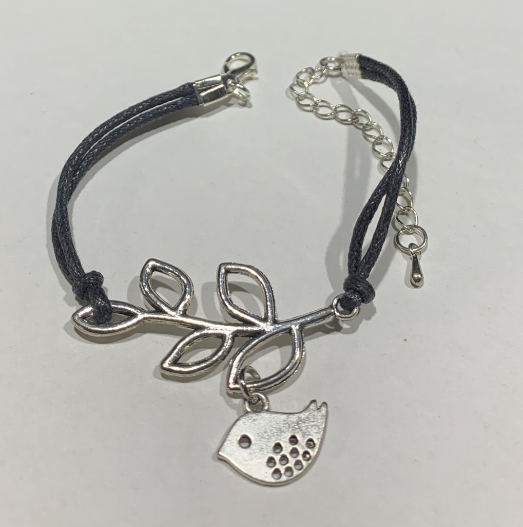 Bird Charm Bracelet Genuine Leather Black Cord Silver Leaf Branch Adjustable 7-9