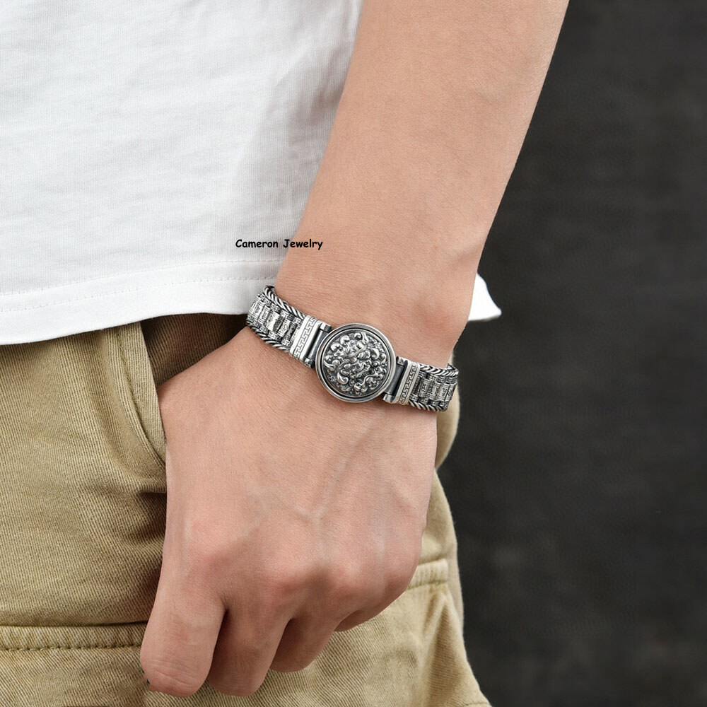 Solid S925 Sterling Silver Chain 14mm Pixiu Long Tube Link Bracelet 7.1-8.7inch