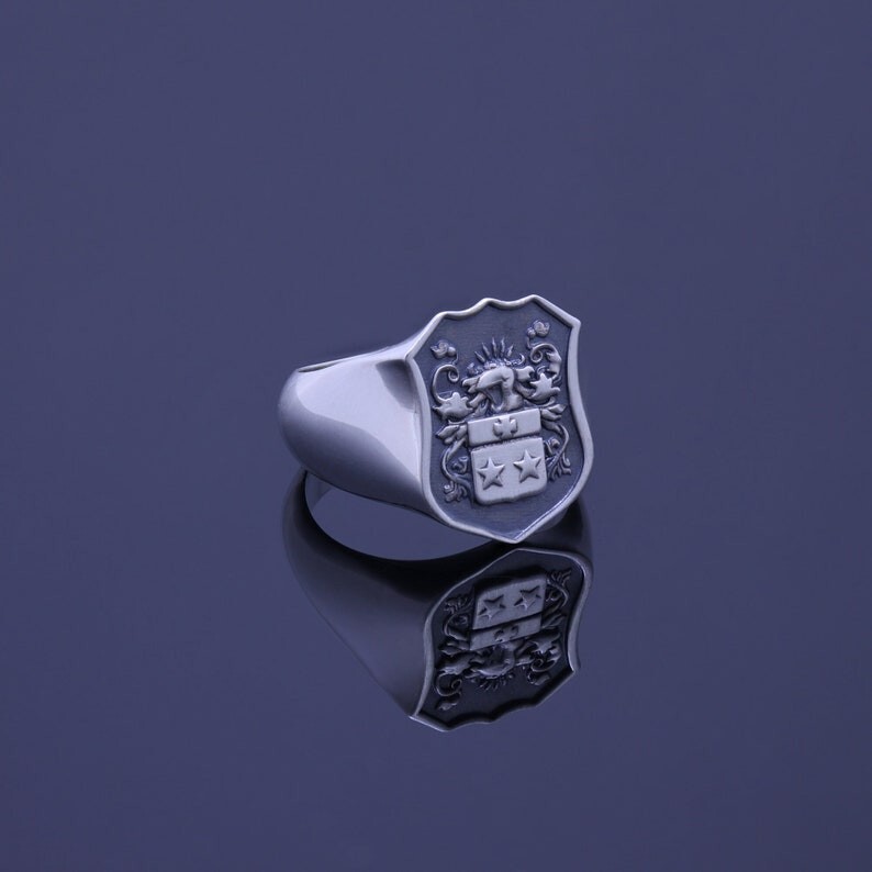 Men’s Silver Shield Signet Ring – Custom Coat of Arms Family Crest Jewelry
