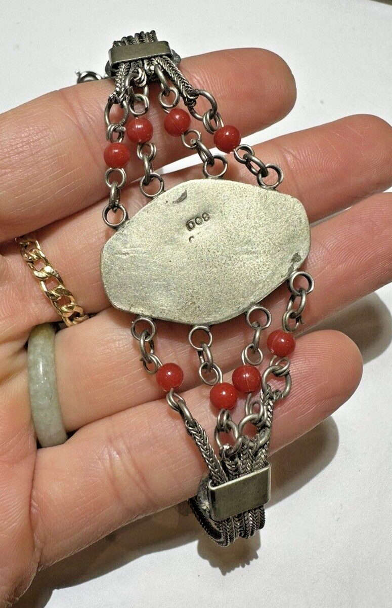Vintage Exquisite Design Filigree Oval Red Cab Mesh 800 Silver 7″ Bracelet DA5