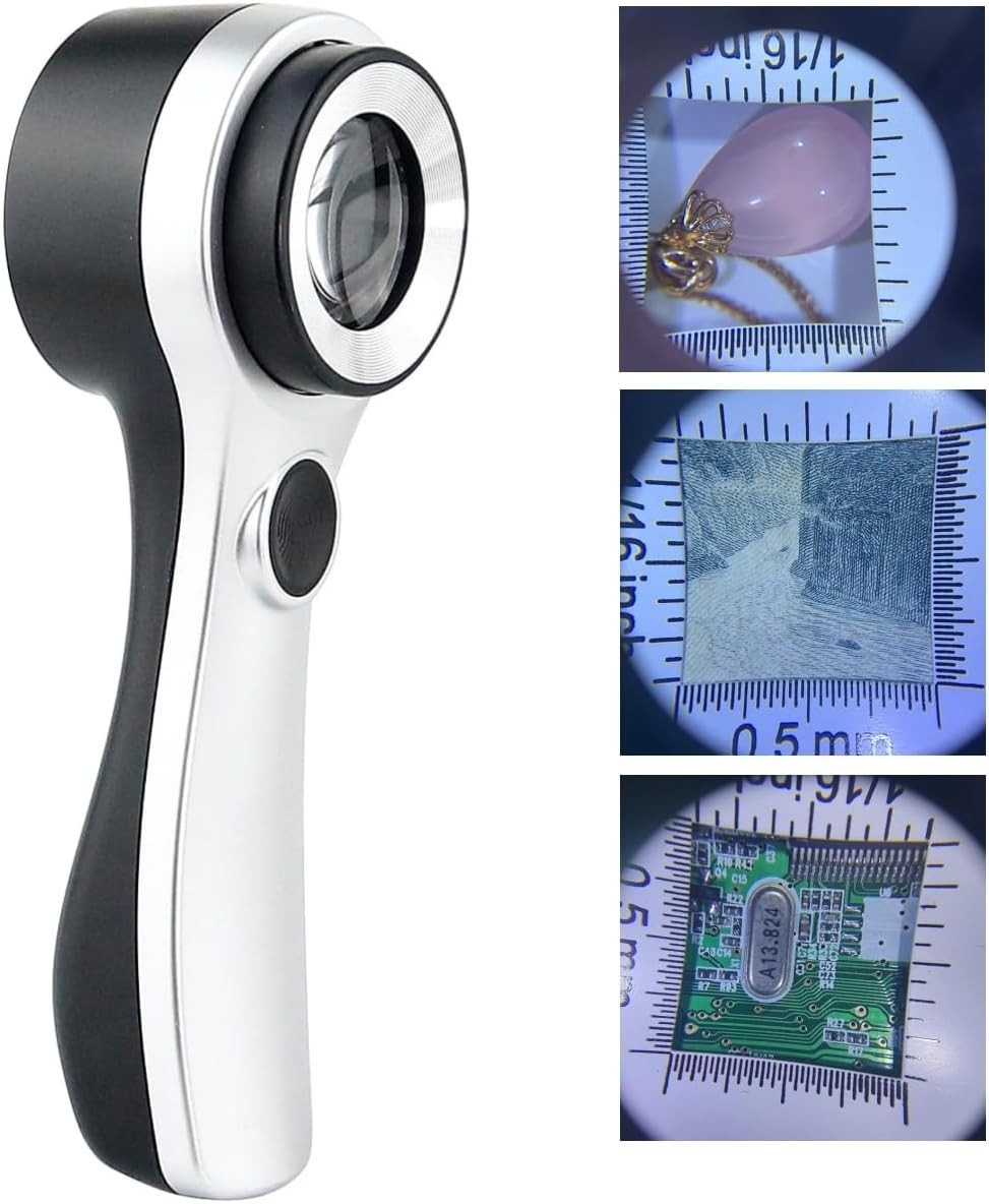Handheld 10X Magnifier Loupe Optical Glass Magnifying Glass with Light Scale Mag