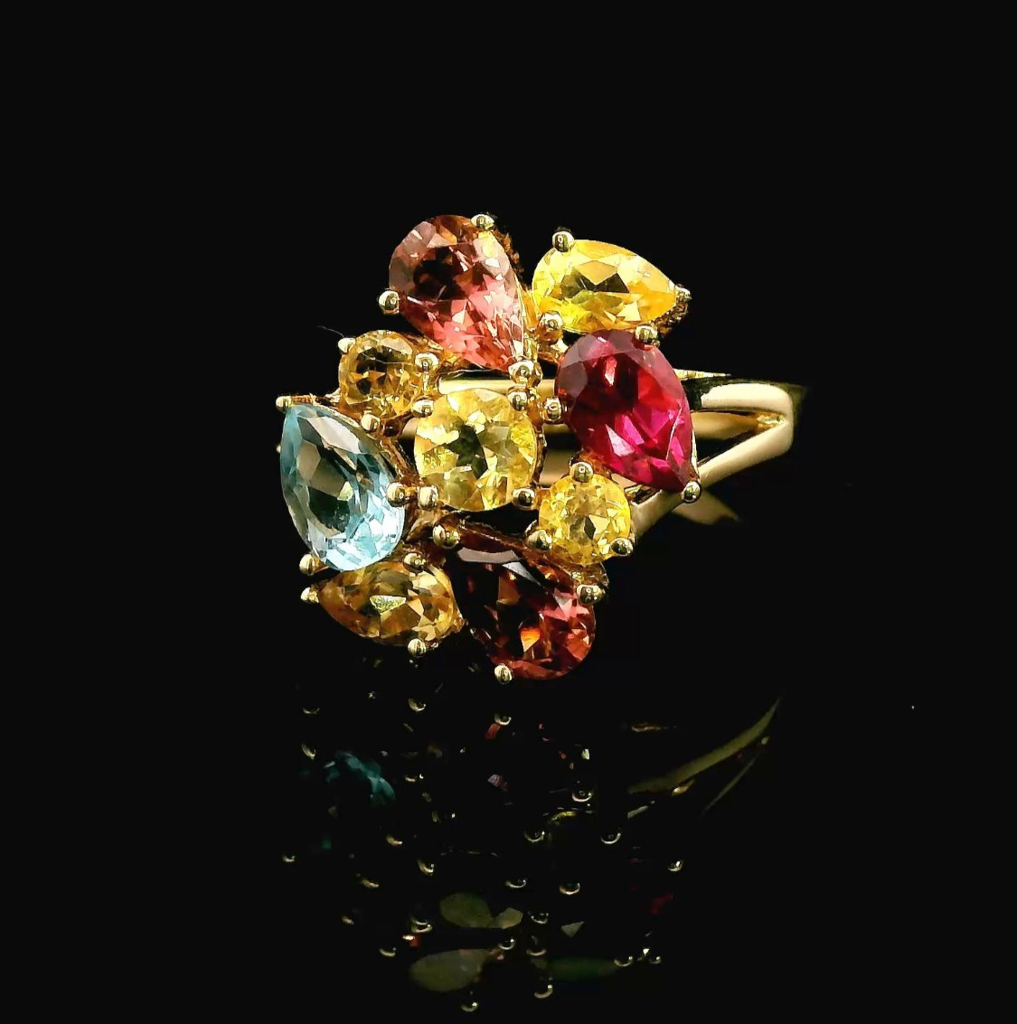 9ct Yellow Gold Ring Amethyst Topaz Garnet Sapphire Multi Gemstone 3.8g Stamped