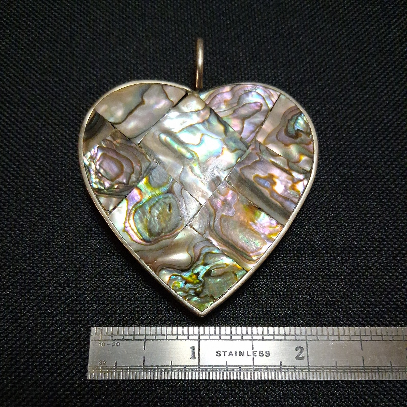 BIG TAXCO MEXICO HEART ABALONE SHELL DOUBLE SIDE REVERSIBLE PENDANT 925 STERLING