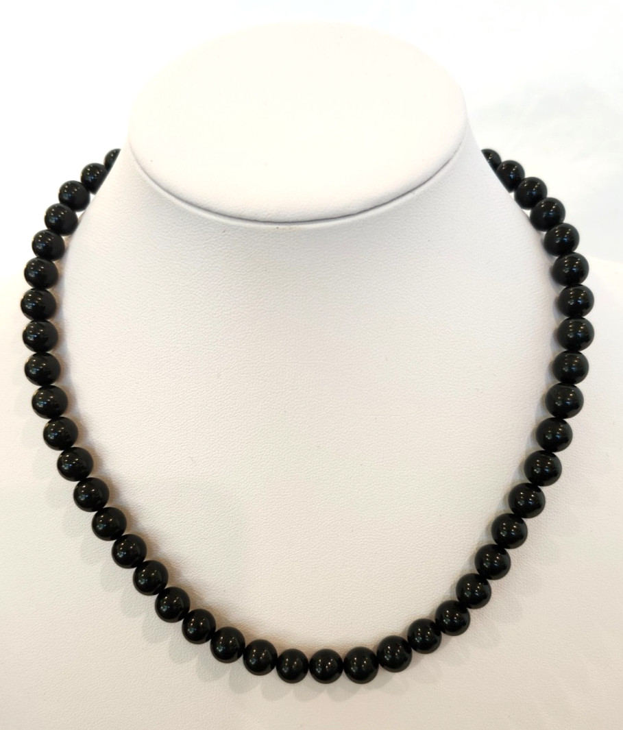 Very Dark Olive Green Wyoming Jade (appears Black) 8mm Beaded 16″ Necklace 7002