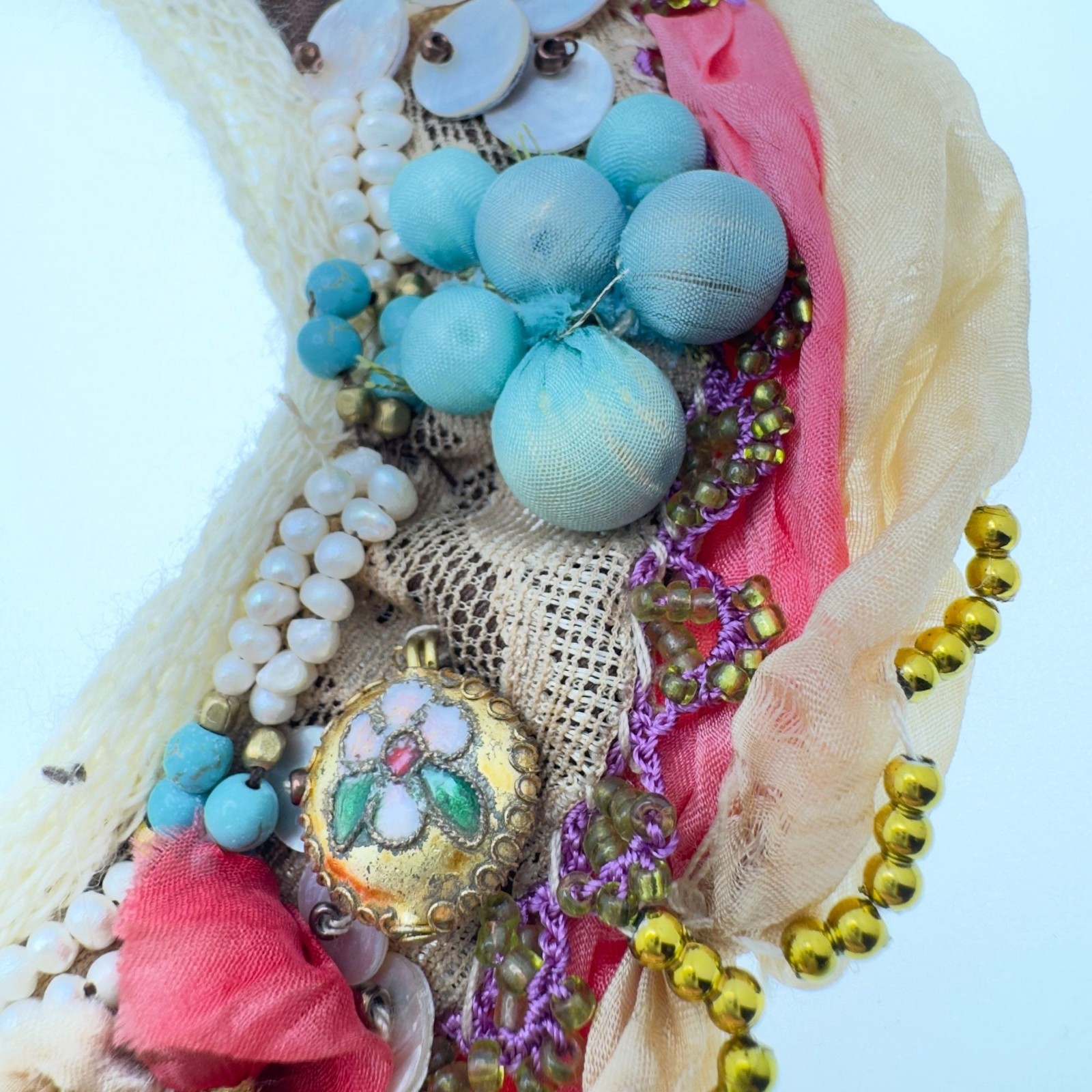 Boho Handmade Turkish Bib Collar Statement Necklace Rustic Fiber Lace Fabric