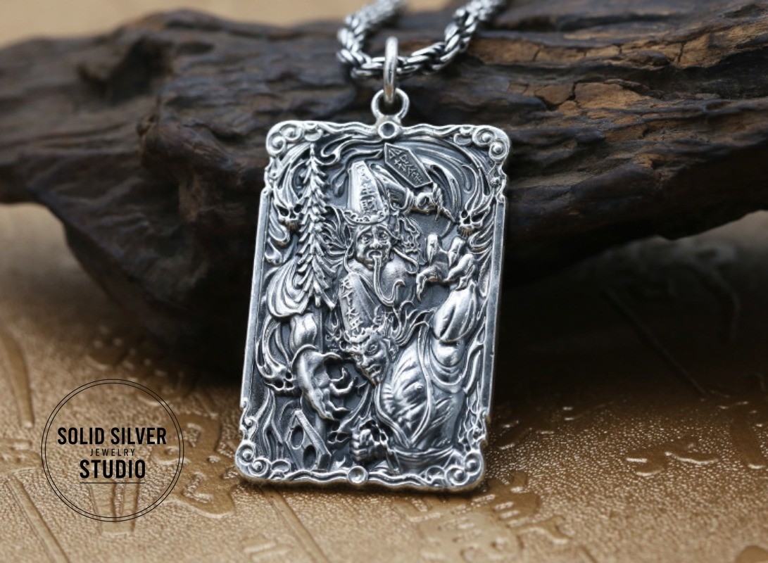 HUGE S999 Pure Silver God of Wealth Pendant Taoist Amulet Good Fortune Talisman