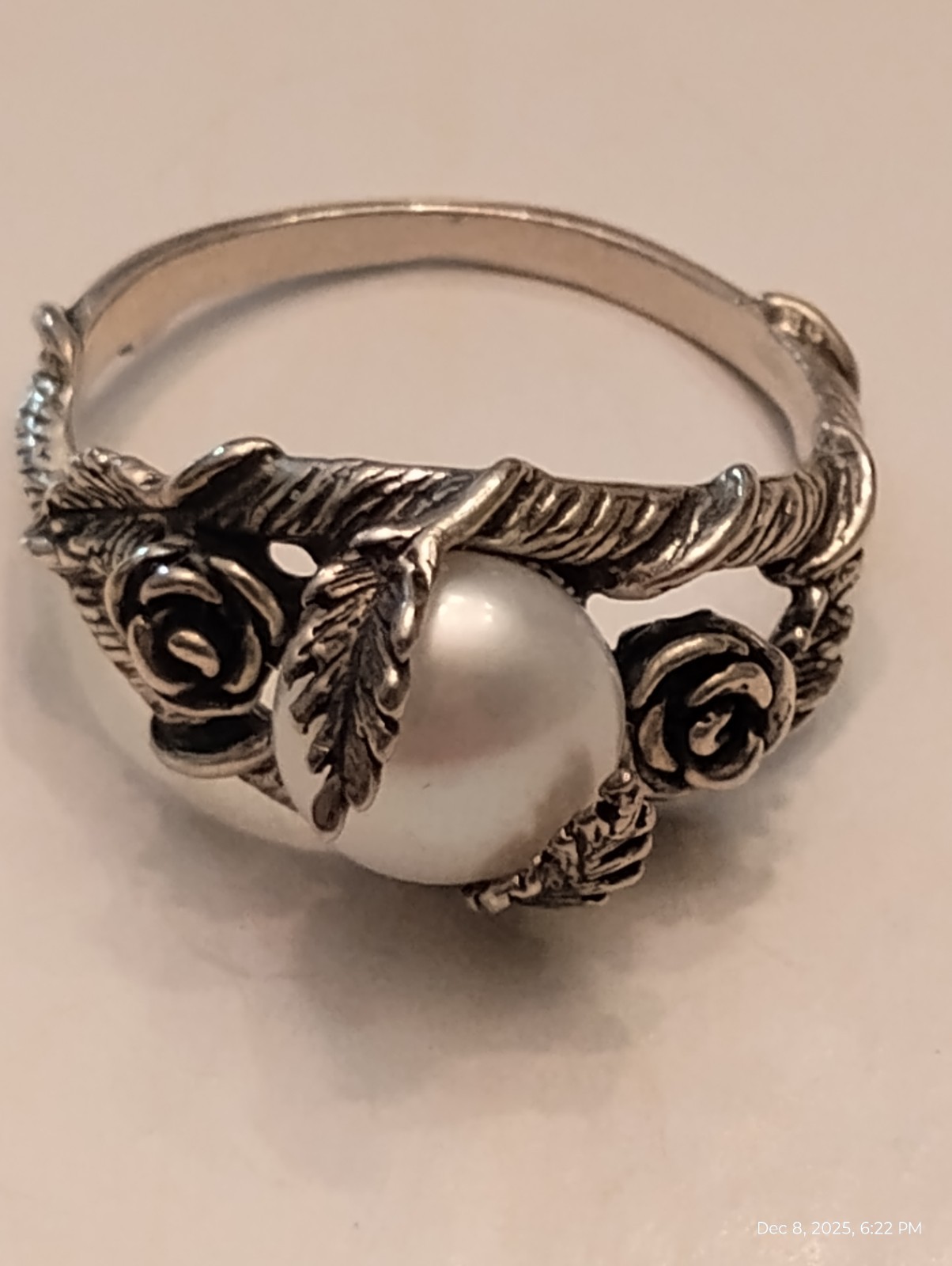 Paz Creations PZ Israel Solid 925 Sterling Silver Floral Pearl Ring Size 10