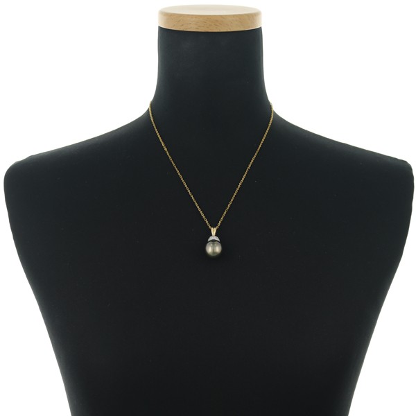 Black South Sea Pearl 14.2mm Diamond 0.60ct Paved Pendant 18K YG/Pt 900