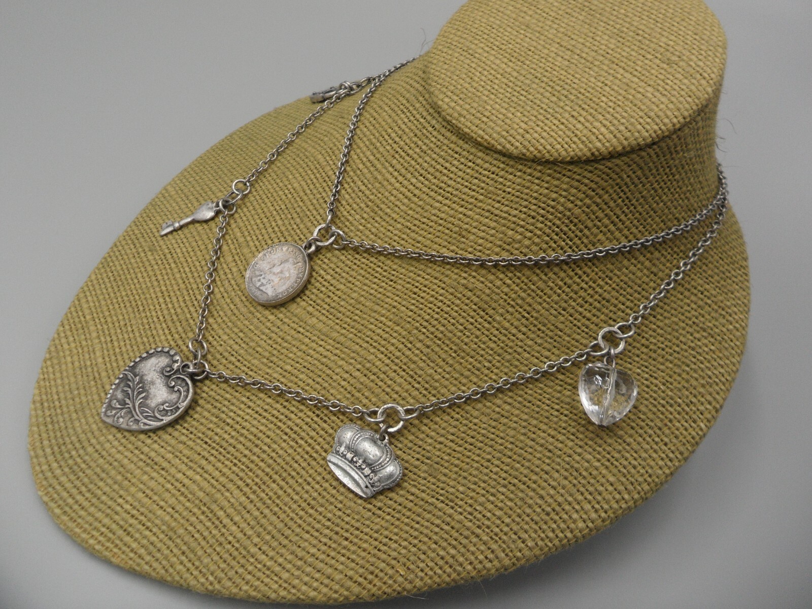 AE Signed Charm Necklace American Eagle Layered Coin Heart Crown Lock Key EUC