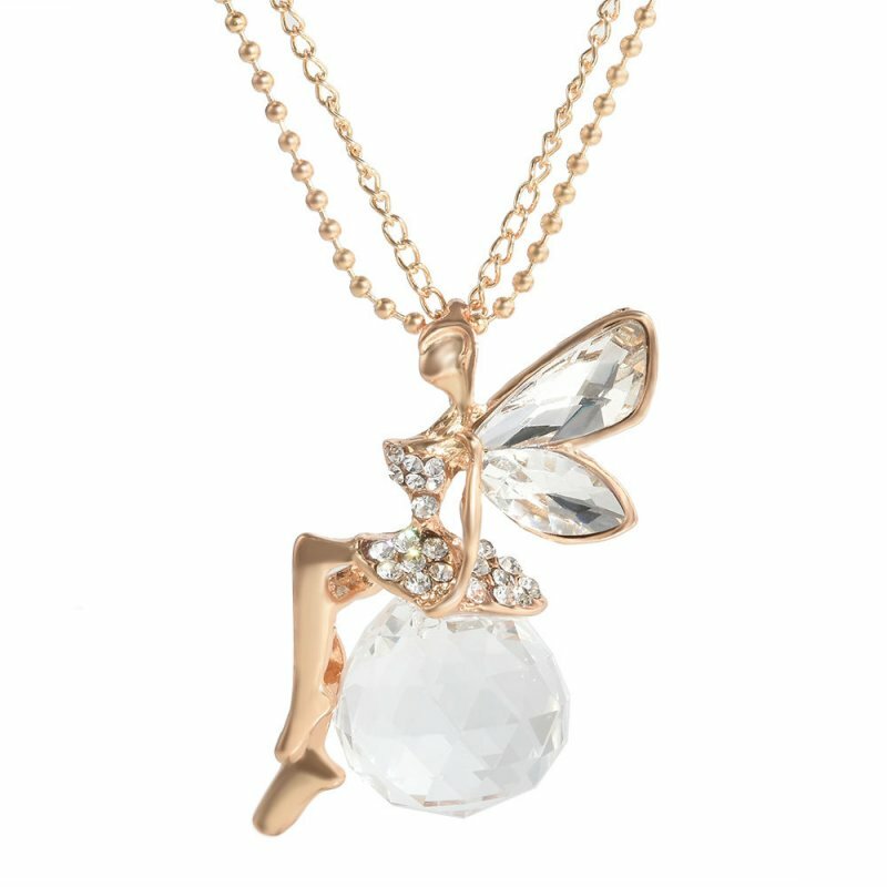 Fashion Women Crystal Fairy Angel Wing Pendant Long Chain Sweater Necklace Gift