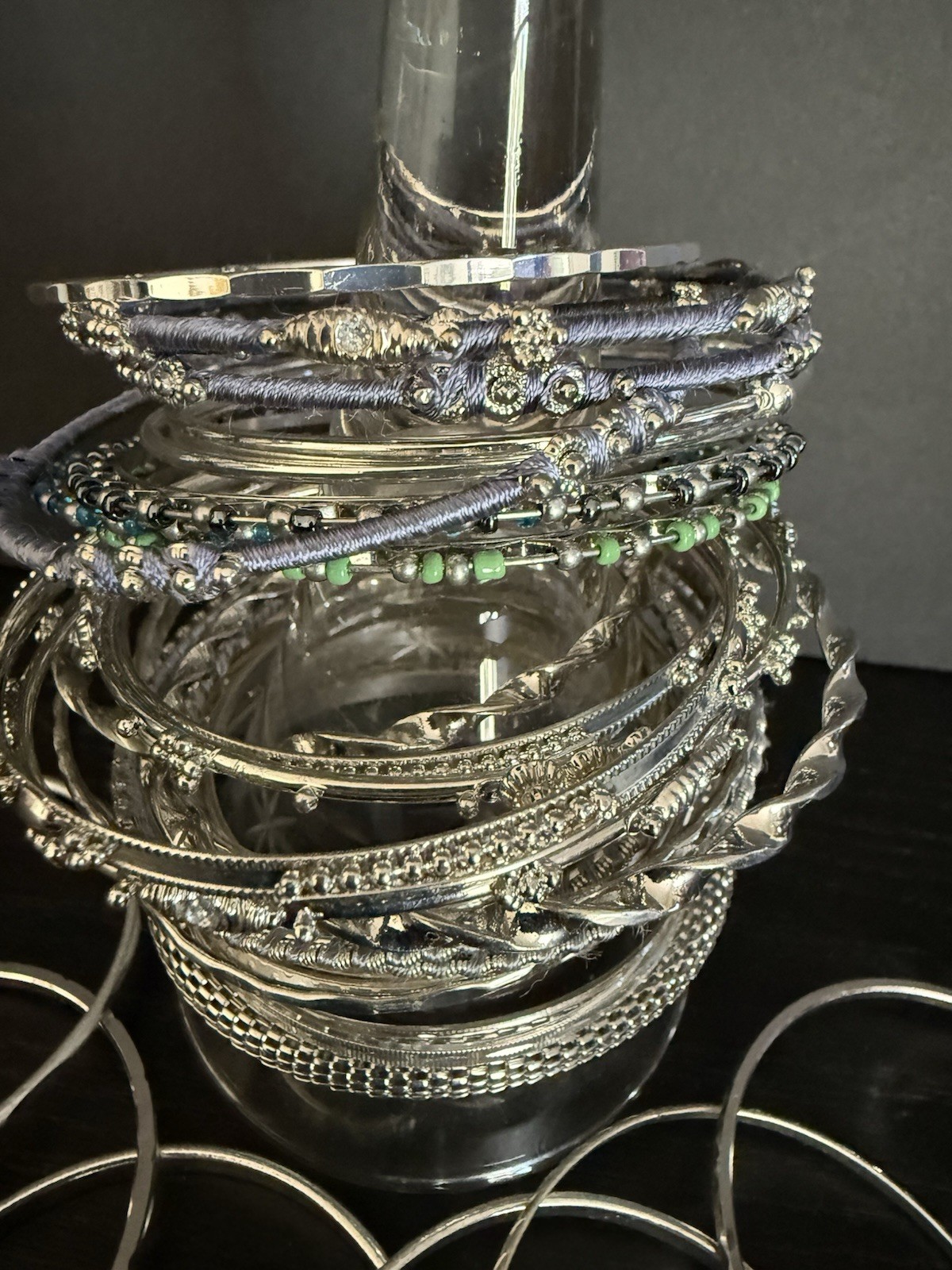 Lot Of 20+ Silver Tone Bangle Bracelets Thin Lightweight Stackable Textured