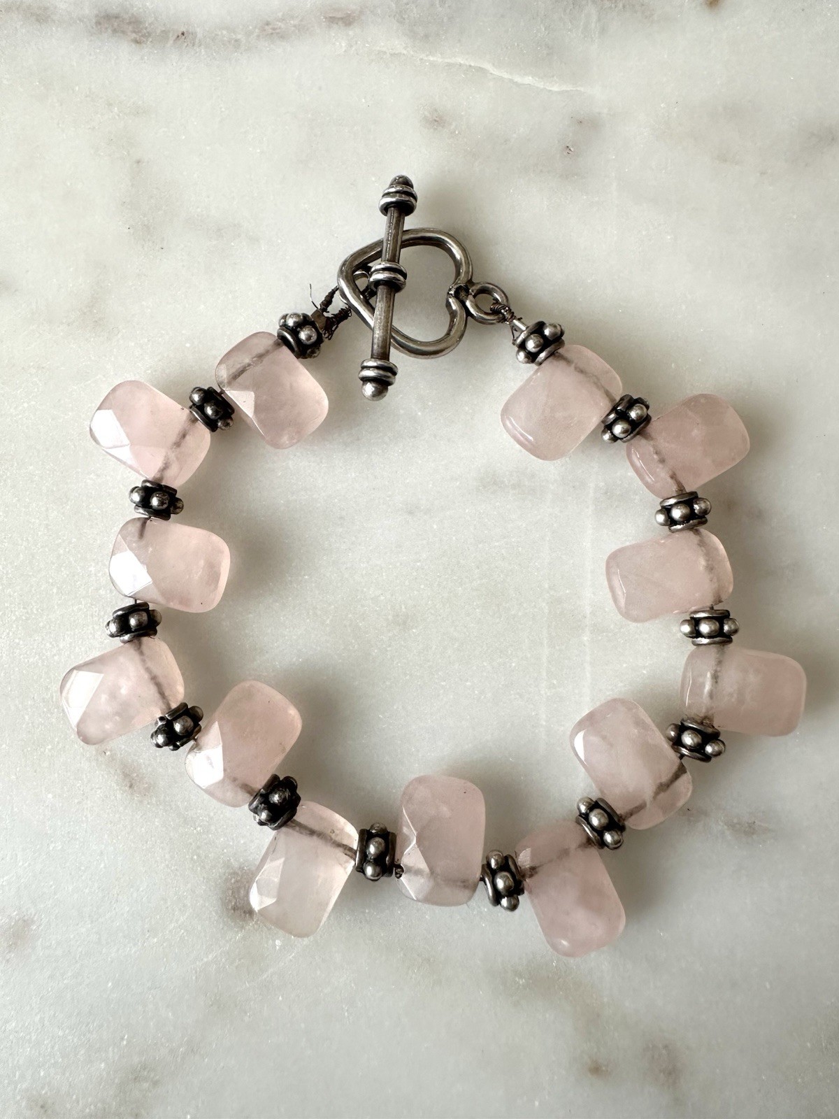 Natural Rose Quartz Nugget Bracelet Heart Toggle Clasp Silver Tone 7.5”