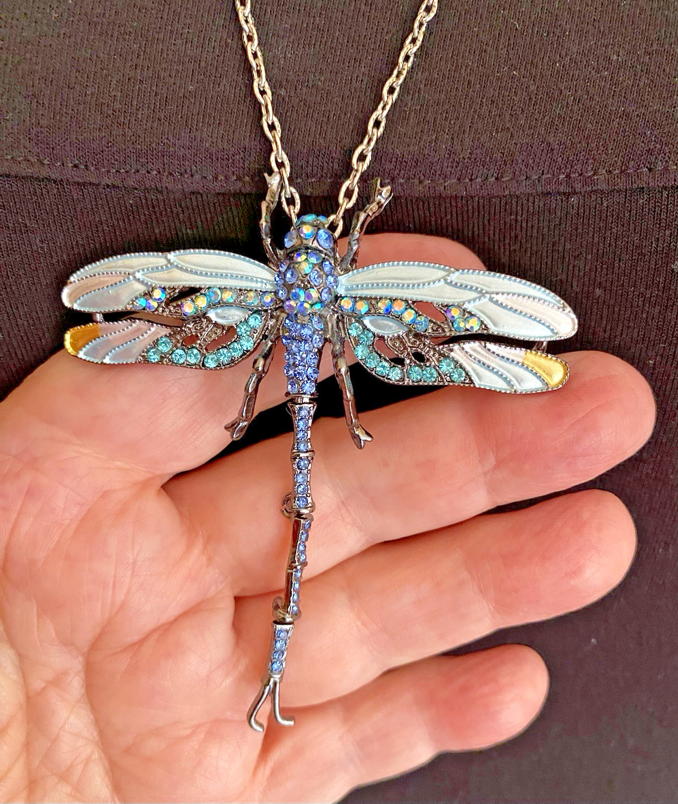 24″ SP Textured Chain Necklace with a Sparkling Blue Rhinestone Dragonfly