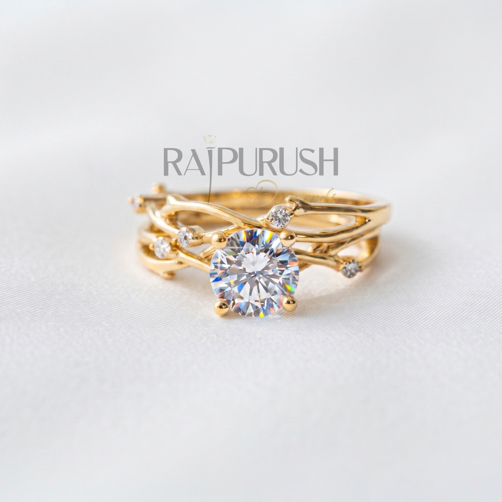 Round Moissanite Engagement Ring Set Nature-Inspired Vine Band Sterling Silver