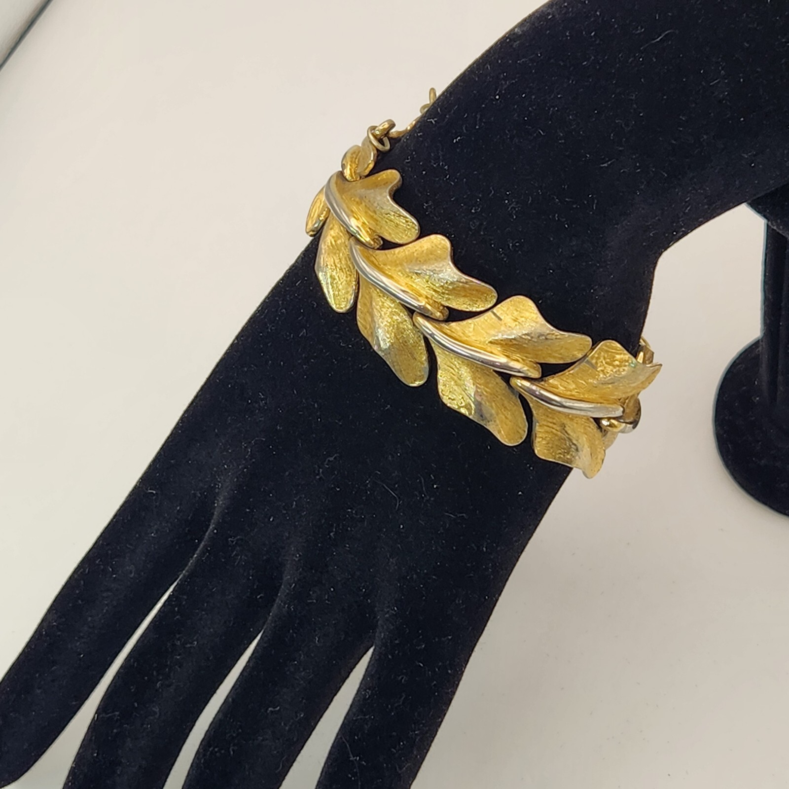 Vintage Monet Gold Tone Leaf Link Bracelet With Safety Chain Chunky Textured