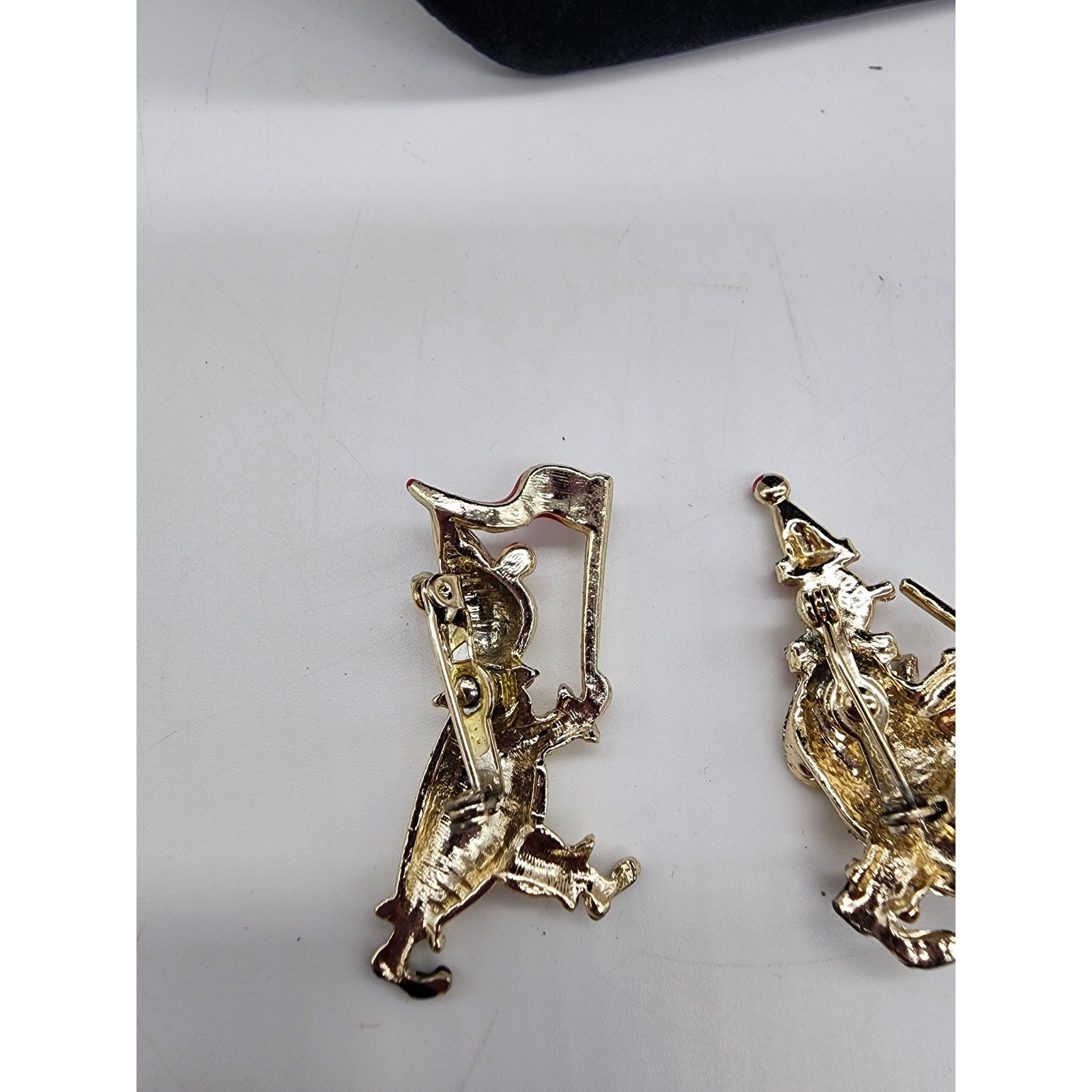 Vintage Gold Tone Circus Parade Brooch Set Bear with Flag and Musician Clown Pin