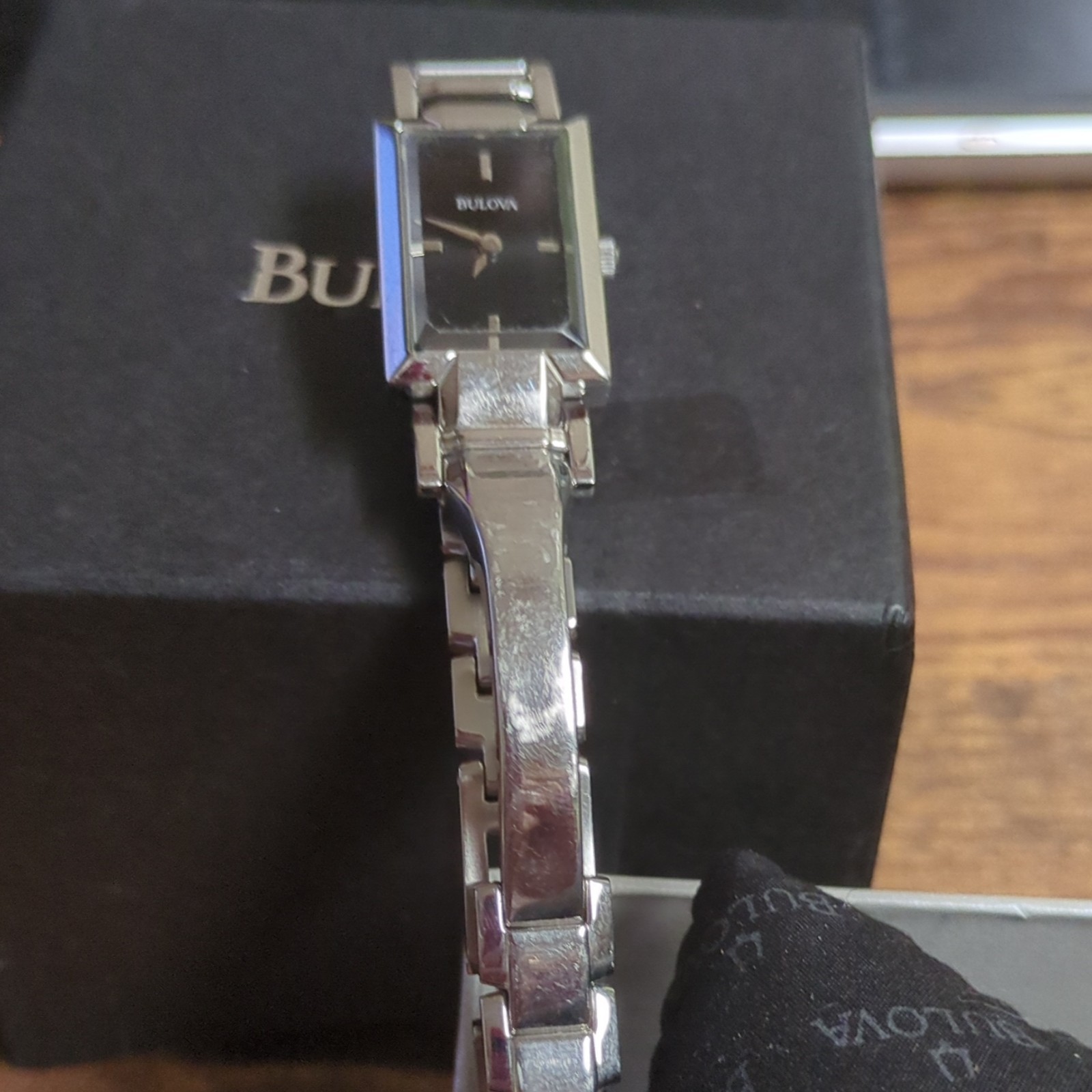Bulova Women’s Quartz Watch Black Dial Rectangle Case Silver Bracelet w/Box