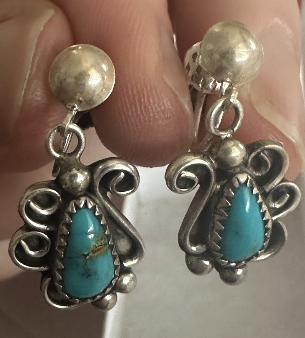 Vintage Sterling Silver Navajo SW Turquoise AM Signed Screwback Earrings 5.59g