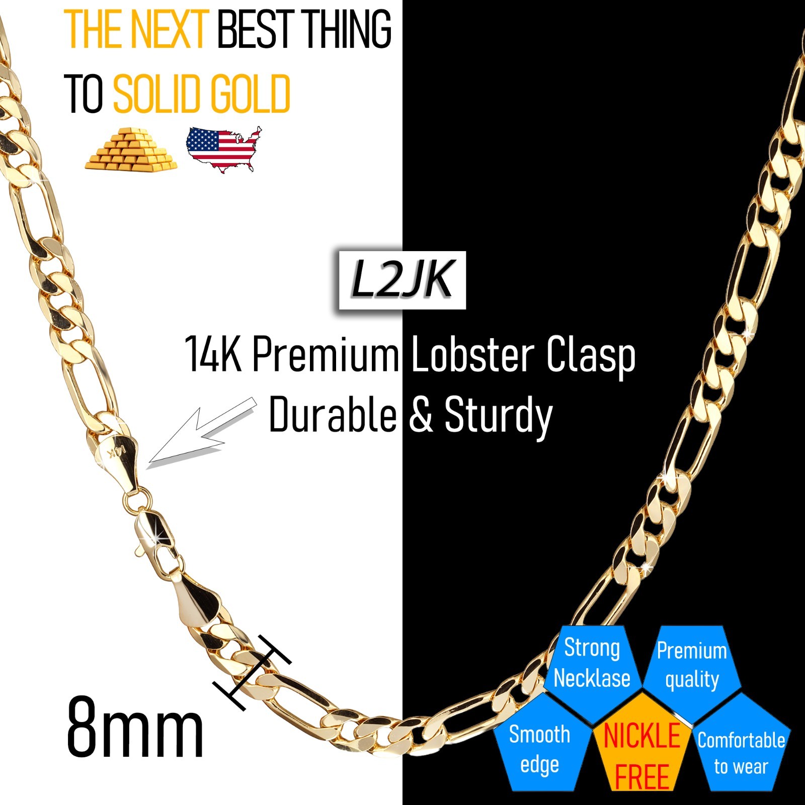 Italy Figaro Chain Link 14K Gold Plated 8mm 24″ Hip Hop Fashion For Men’ & Women