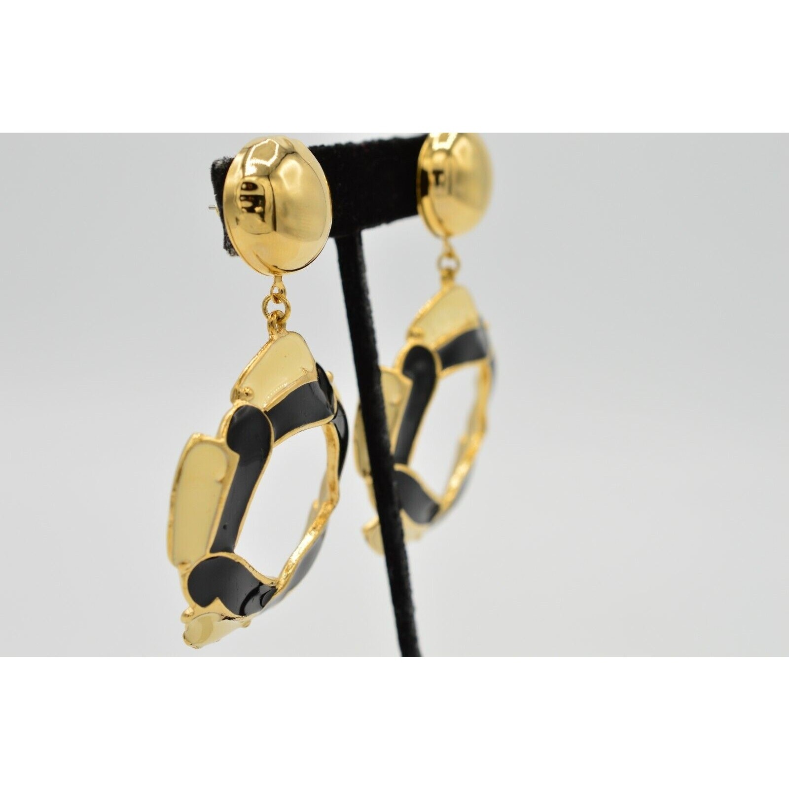 Vintage Statement Earrings Big Chunky Dangle Gold Black Cream Enamel 1980s 9H