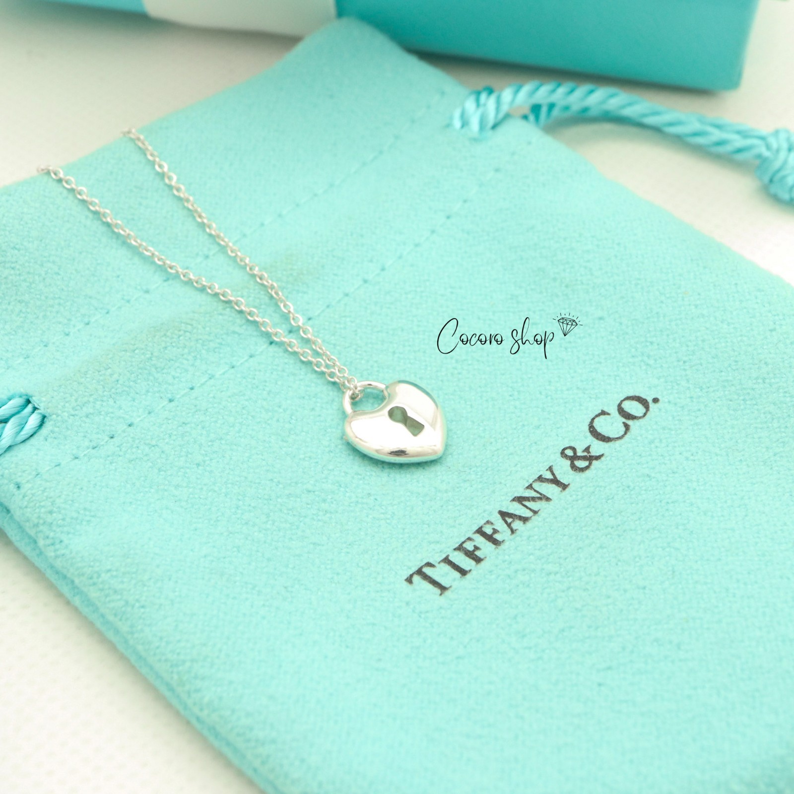 Authentic Tiffany & Co. Heart Keyhole Lock Necklace 16.1″ Silver 925 w/Pouch