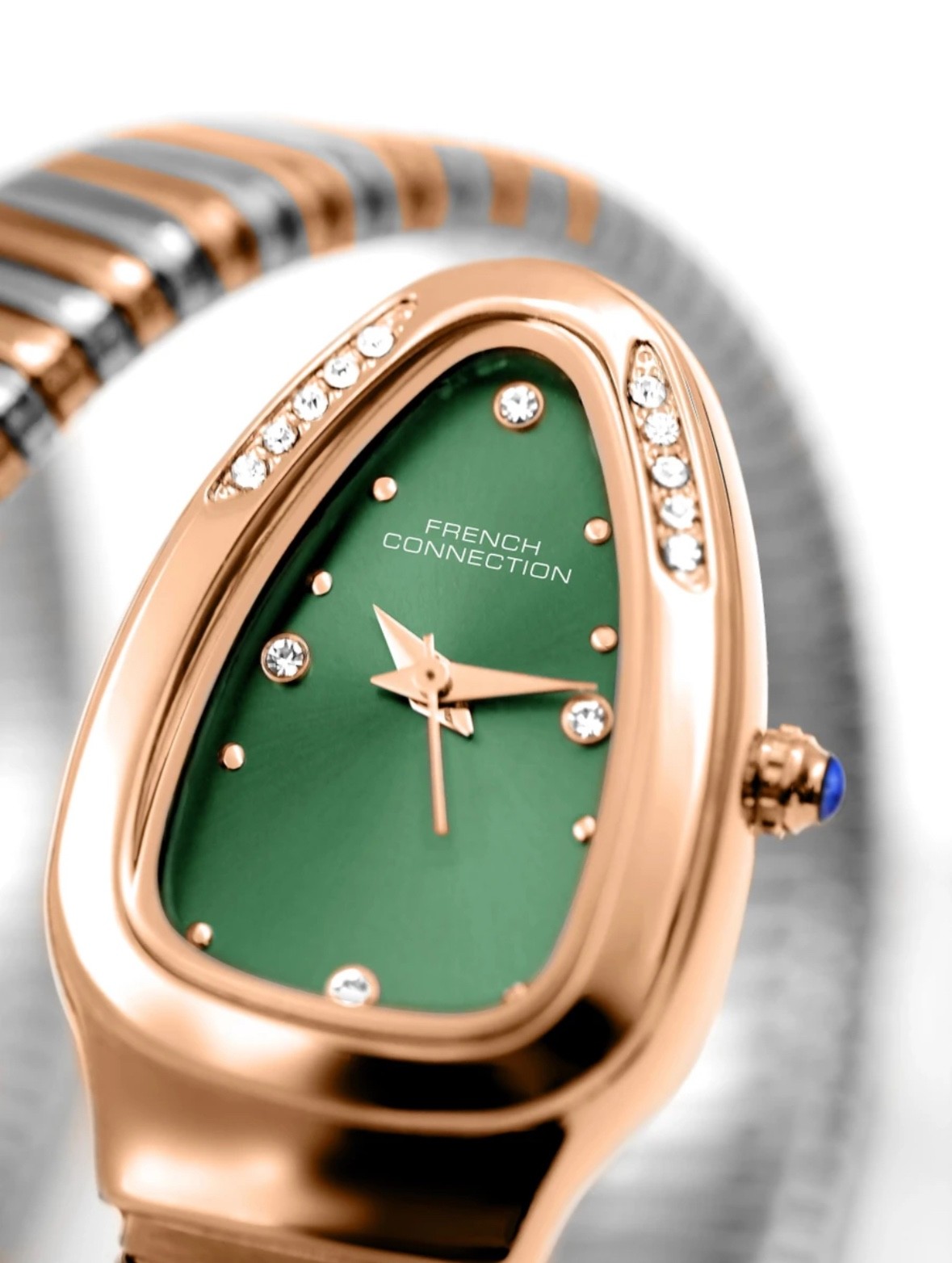 French Connection Women’s Serpent Style Green Dial Gold Tone Quartz Bracelet Wat