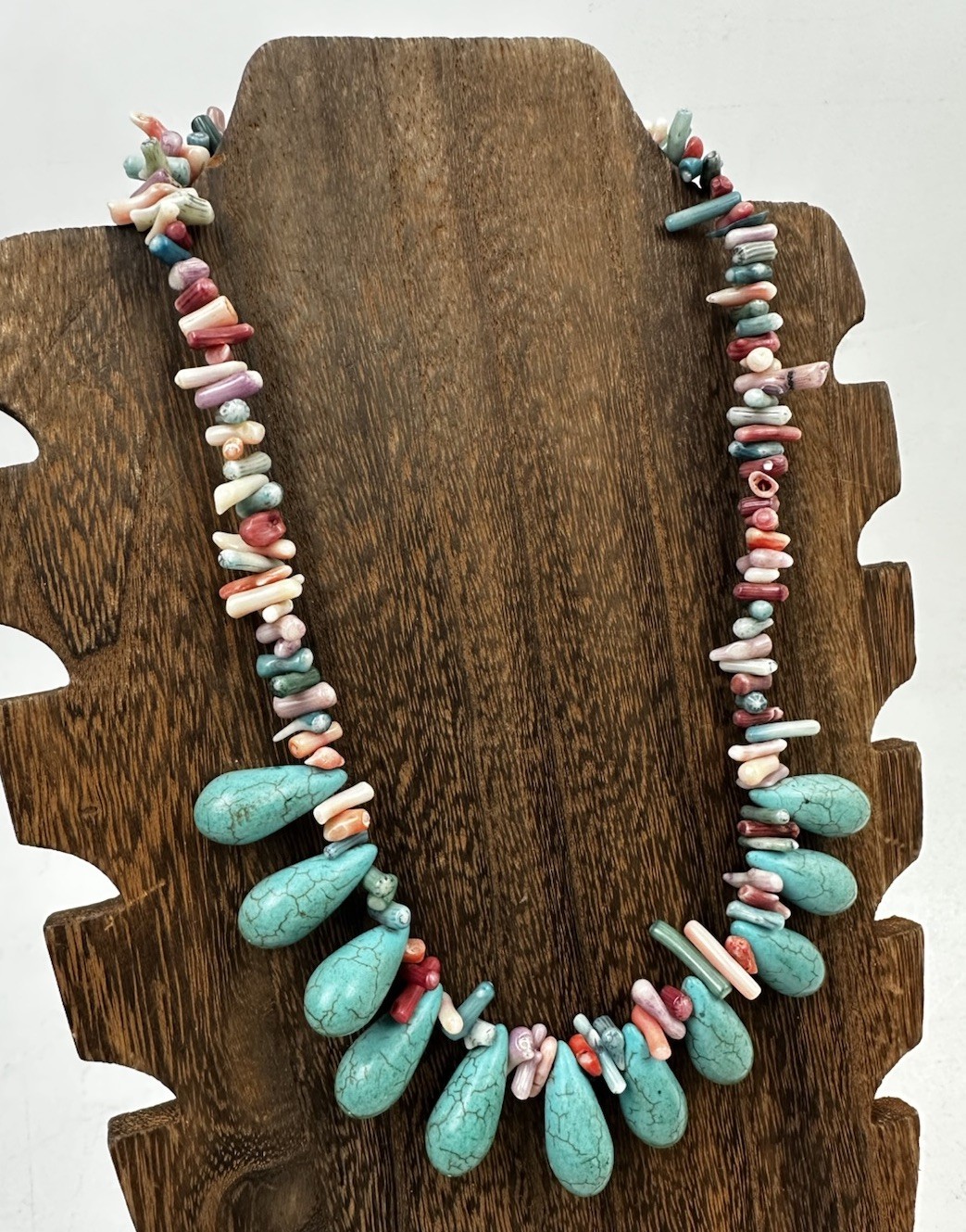 Vintage Turquoise Dyed Howlite & Coral Bead Statement Necklace Colorful Chunky