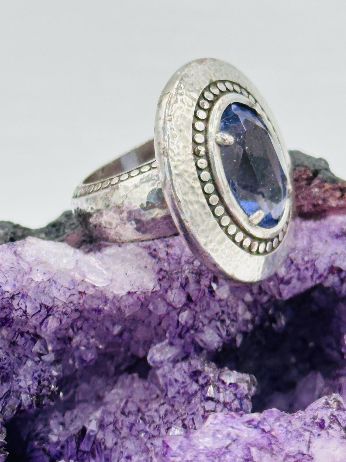 Brighton Silver Plated Blue Crystal Halo Statement Ring Hammered Band 5.75