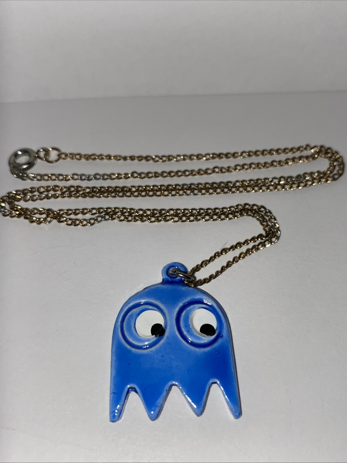 Vintage PAC Man Video Game Blue Ghost Necklace