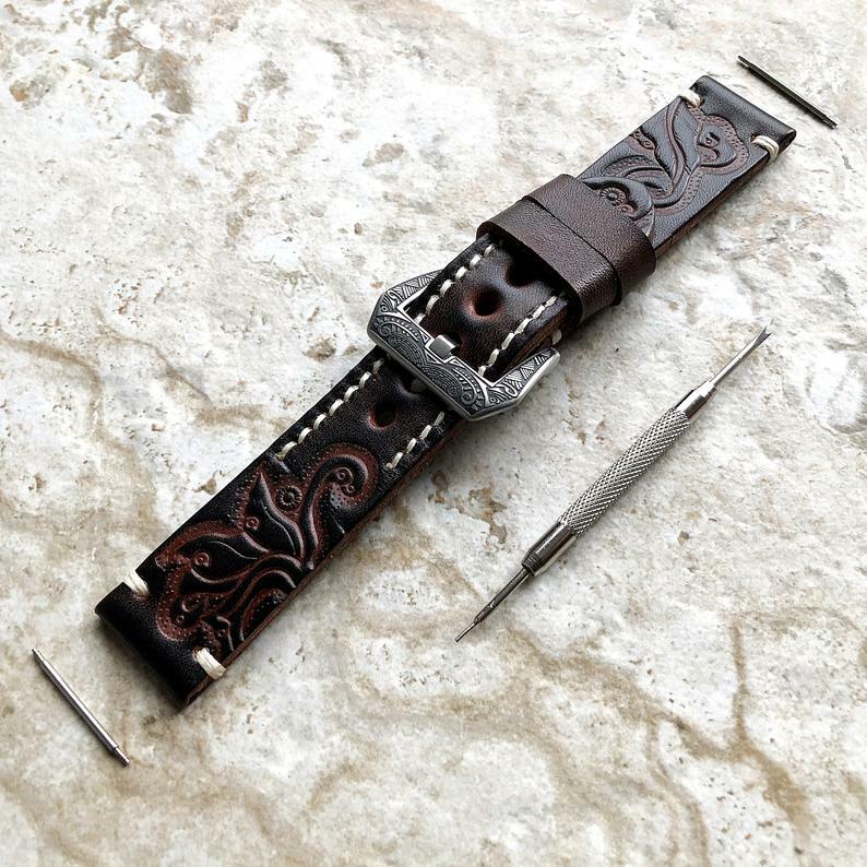 Dark Brown Tooled Band for Samsung Watch 6 5 4 40mm 42mm 43mm 44 45mm 46mm 47mm