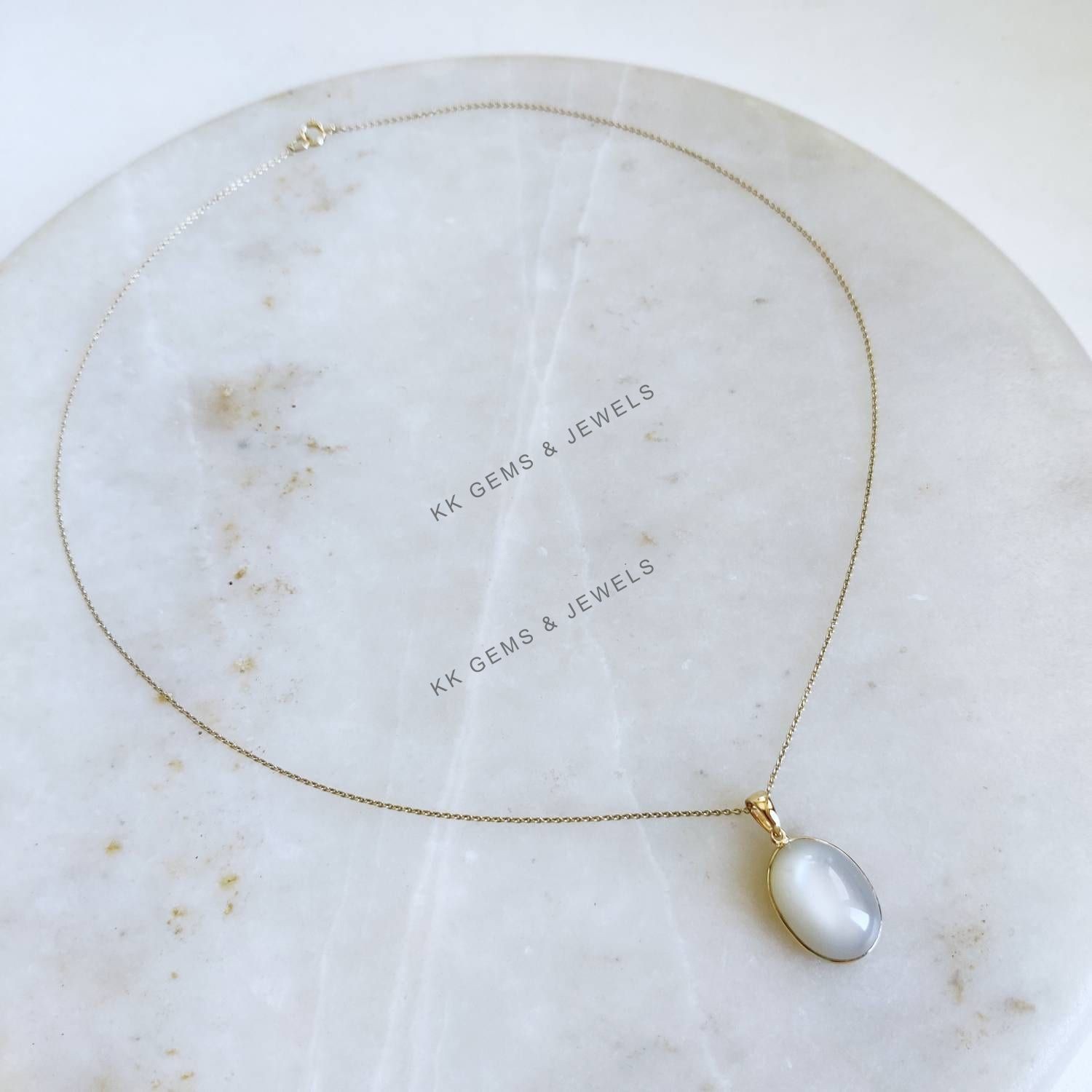 11.35Ct Natural White Moonstone Pendant 14K Gold Oval June Birthstone Jewelry